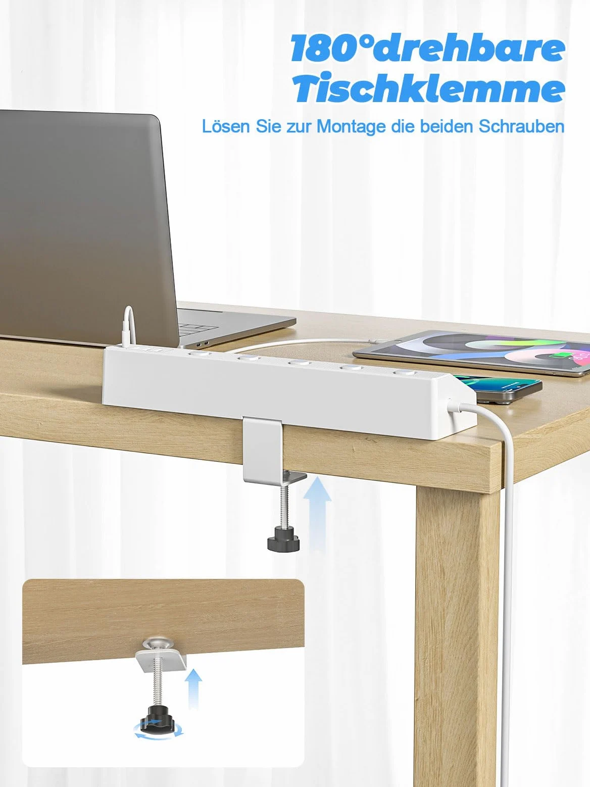 Ciabatta elettrica da tavolo con morsetto USB PD 30 W, 5 prese, multipresa da scrivania con protezione da sovratensione e commutabile singolarmente, presa angolare 10 in 1 con cavo da 3 m, bianco