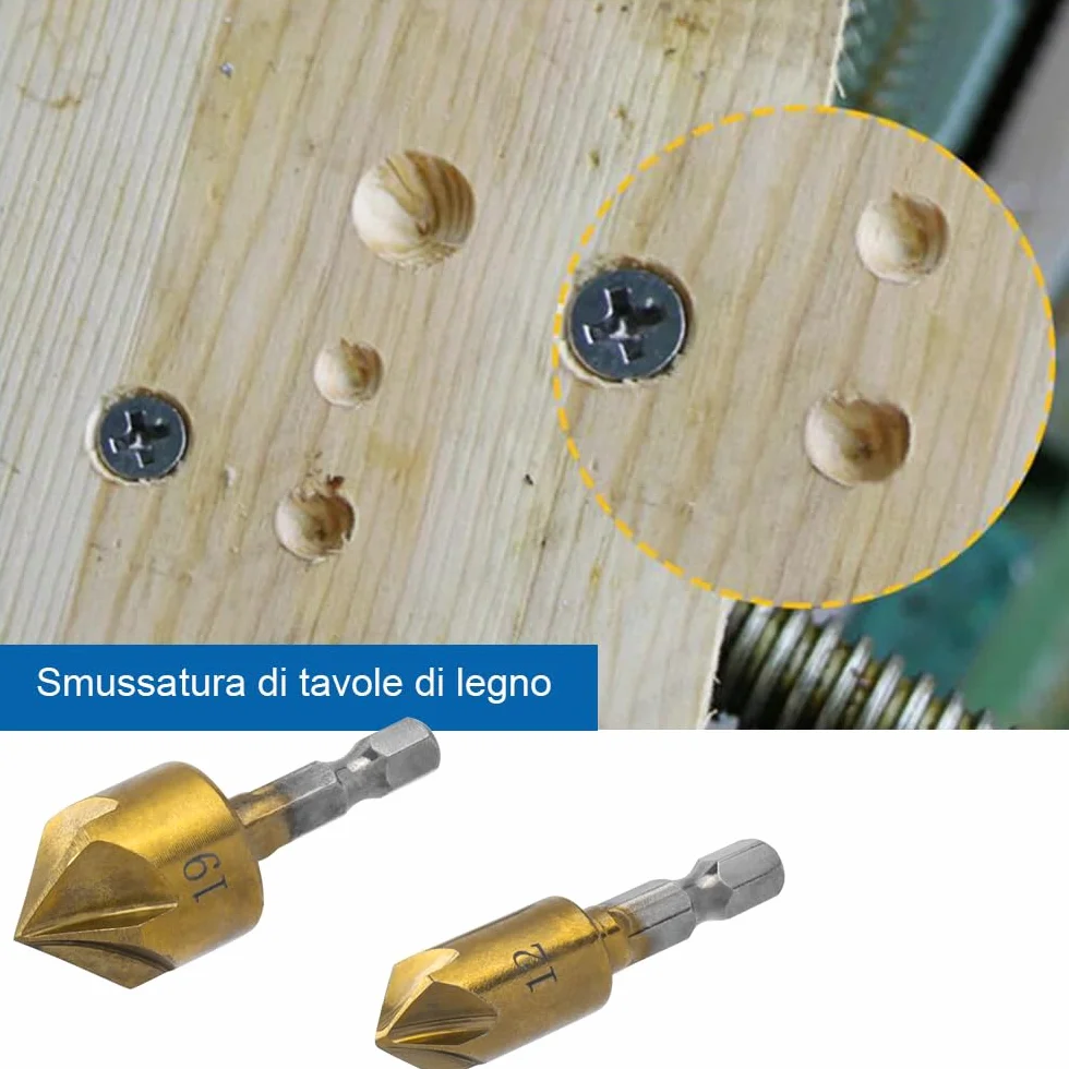 Svasatore Conico HSS Titanio Rivestito Codolo Esagonale Alesatore Fori 6-19 mm 6 Pezzi