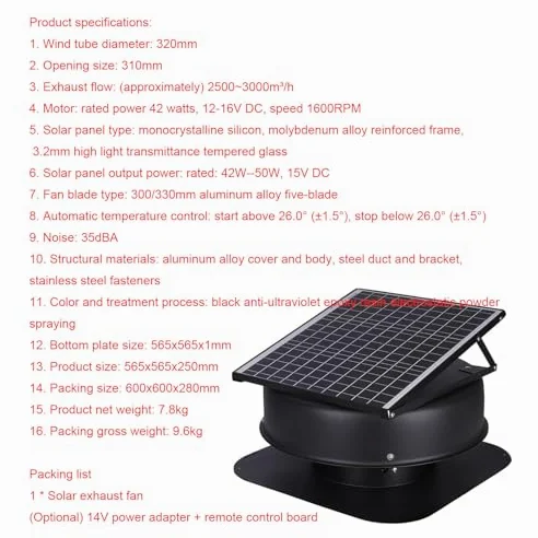 Ventilatore solare ad alto flusso d'aria – 42 W, 1470 CFM, termostato controllato per la ventilazione del tetto per casa, garage, serra, camper – soluzione di raffreddamento ad alta efficienza
