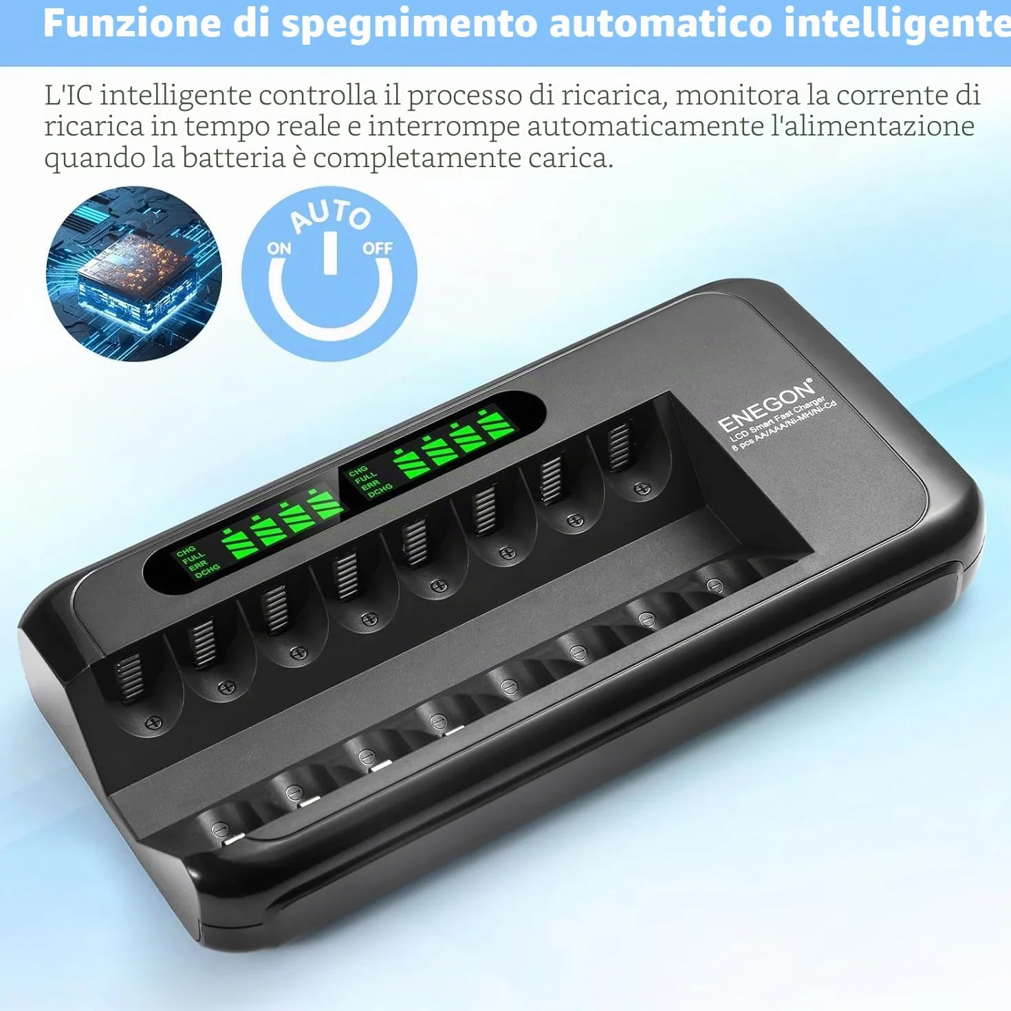 ENEGON Caricabatterie Rapido Intelligente per Batterie Ricaricabili AA AAA Ni-MH Ni-CD con Display LCD, 8 Slot Indipendenti, Protezione e Alimentatore 100-240V