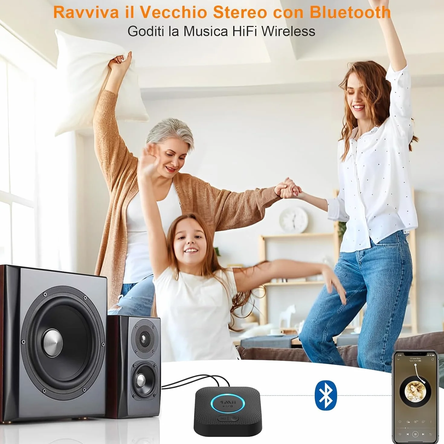 1Mii Ricevitore Bluetooth 5.3, Adattatore Audio Bluetooth HiFi con Jack AUX 3,5mm e RCA, 3D Surround e aptX HD, Wireless per Amplificatore, Stereo Casa, Lungo Raggio 50m