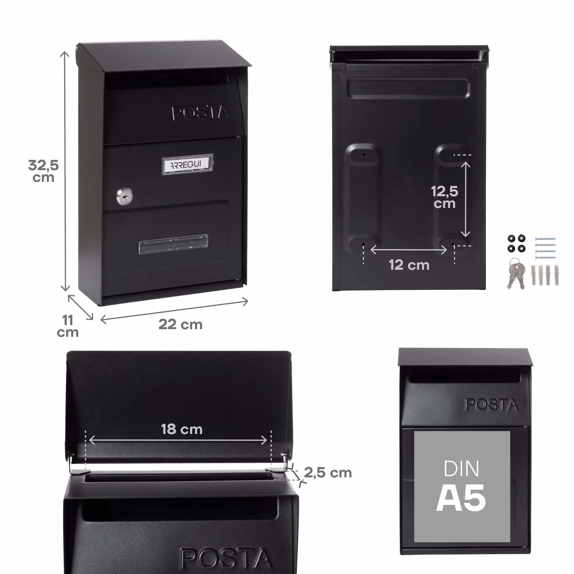 ARREGUI Up D-2006/N Cassetta Postale Individuale in Acciaio, Parete, S (DIN A5), Finestra, Nero