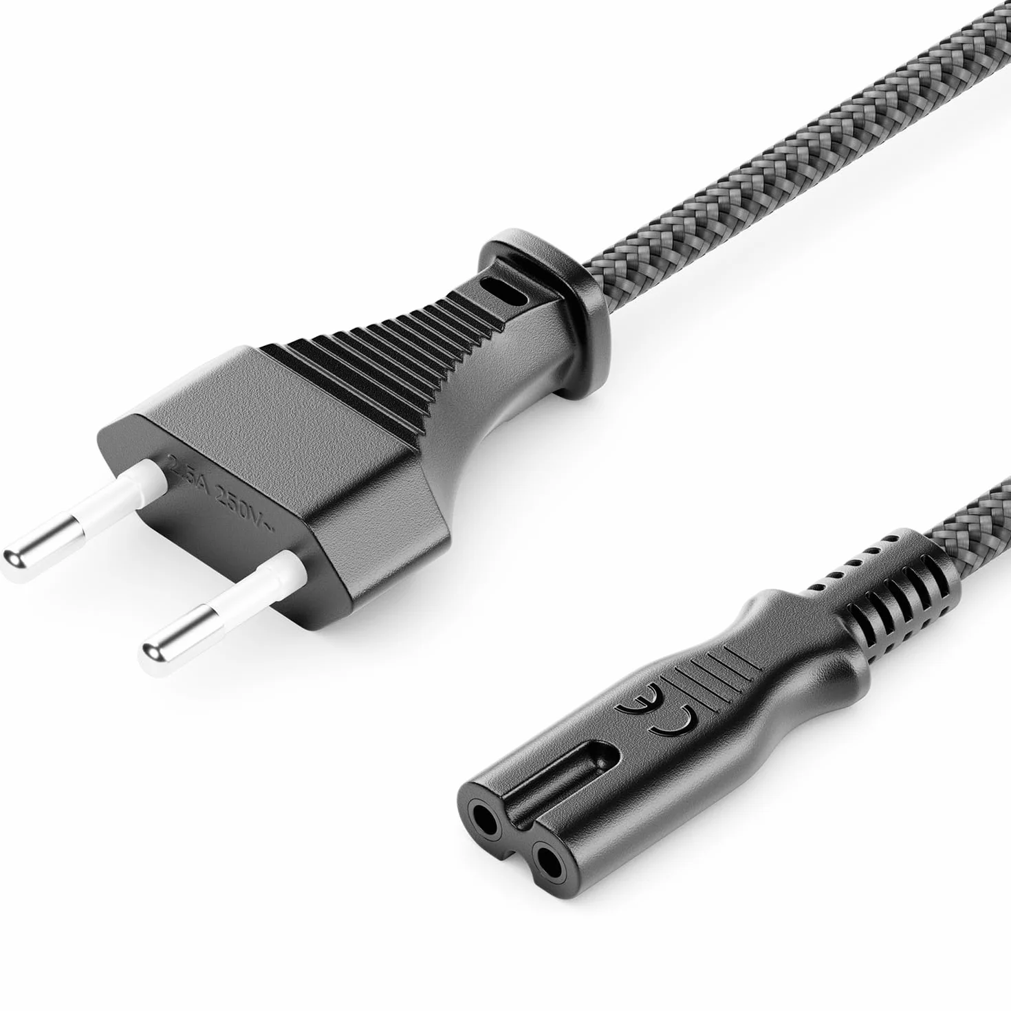 deleyCON 2m Cavo di Alimentazione Elettrico Spina Euro Tipo c a C7 (in Nylon) Connettore Piatto 2,5A per Presa C8 TV Soundbar PS4 PS5 Alimentatori Piccoli Elettrodomestici ecc. - Grigio