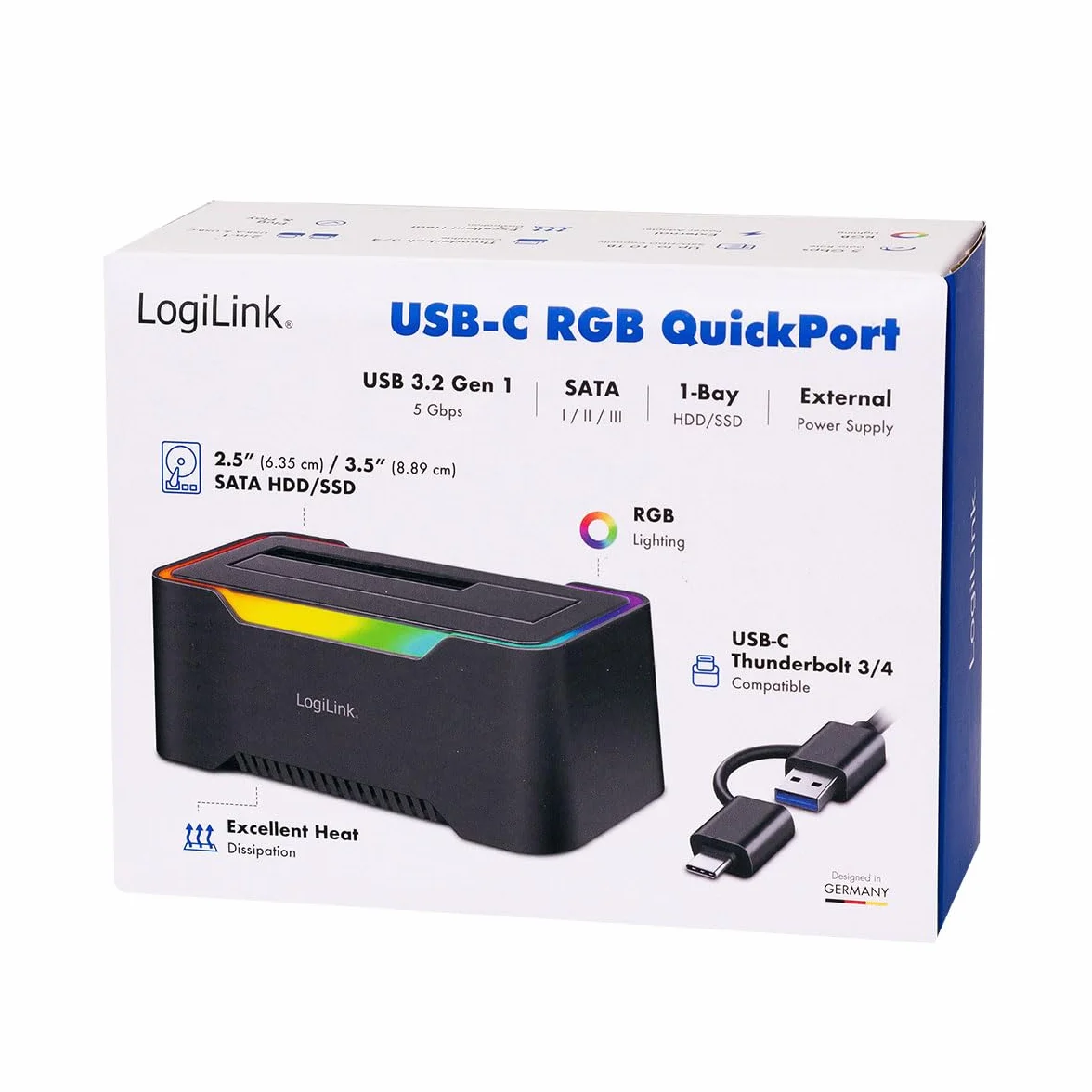 LogiLink Docking Station USB-C (3.2 Gen1) per HDD/SSD SATA da 2.5" e 3.5", con luce RGB, compatibile con Thunderbolt, Windows, Mac OS, Linux