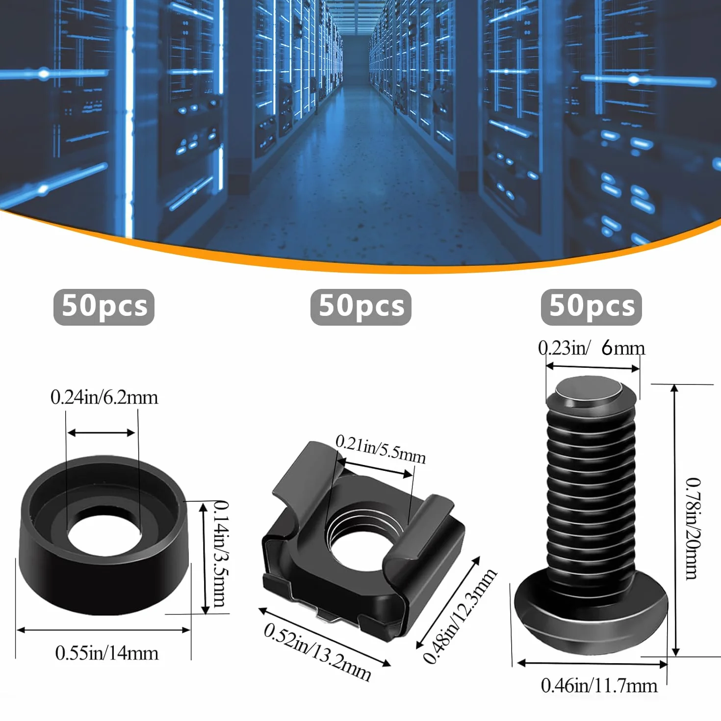 SR620 Viti M6*20 Dadi a gabbia 50 Set per rack da 19 pollici Acciaio nero zinco