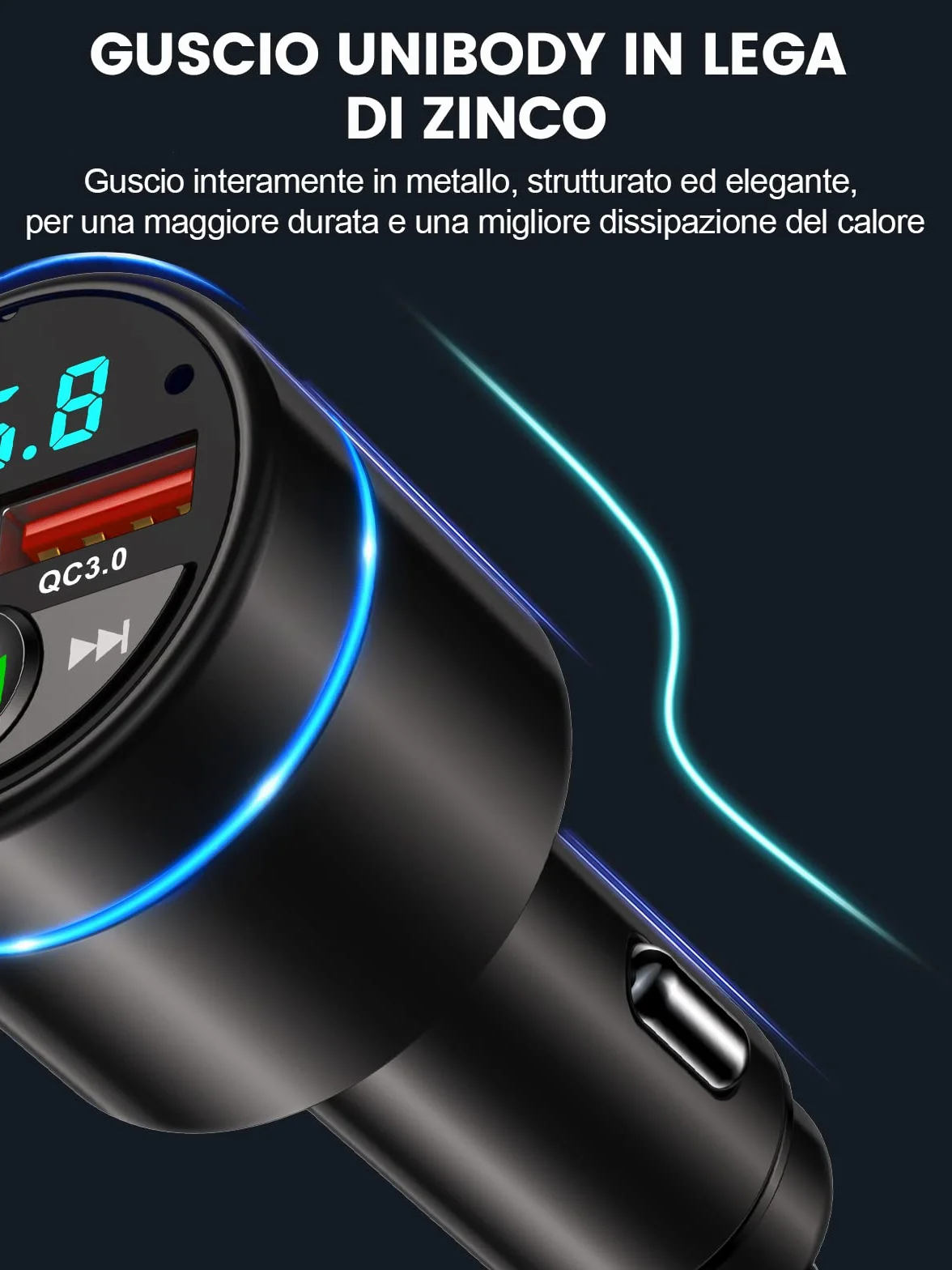 Mohard [Carcassa in Metallo] Bluetooth 5.3 Auto Trasmettitore FM, PD 30W & QC3.0 18W Ricarica Rapida Adattatore Bluetooth Auto Accendisigari, Amplificatori Multicanale Musica Hi-Fi & Chiamate Vivavoce
