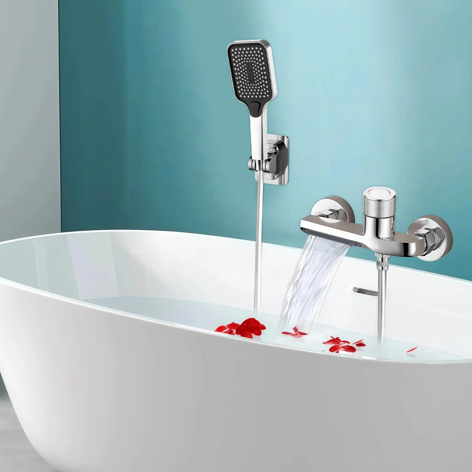 Rubinetto Vasca da Bagno Parete a Cascata con Doccetta 3 Funzioni, Tubo 1,5m, Miscelatore Ottone Antiperdite, Attacco G1/2 per Bagno, Cromato per Vasca da Bagno