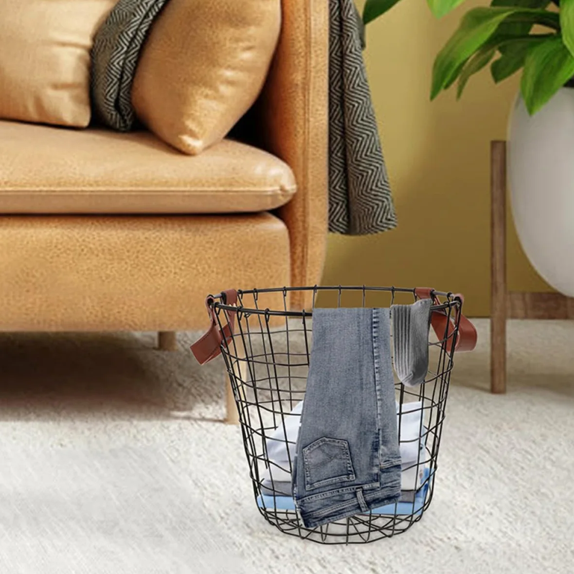 NUOBESTY Cesto Porta Legna in Ferro Robusto con Manico, Grande Cestino Rotondo per Legna da Ardere e Decorazione Rustica, Contenitore Organizer Ventilato per Interni ed Esterni, per