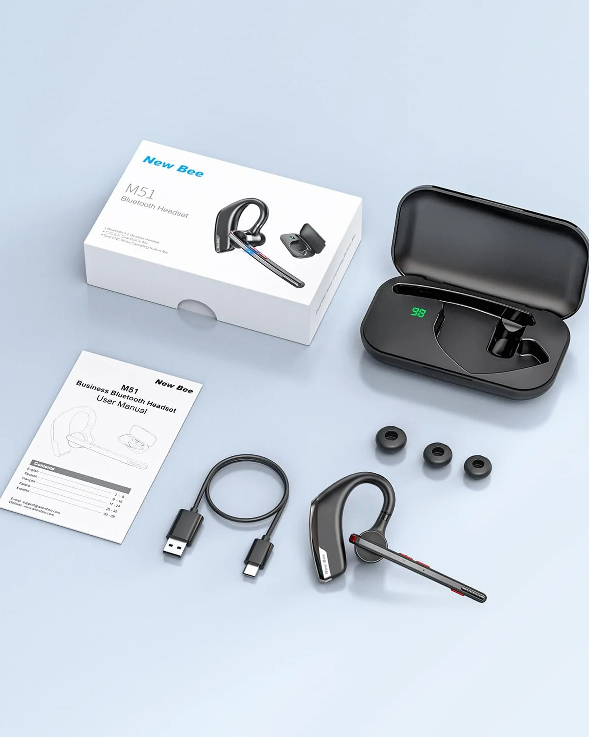 New Bee Auricolare Bluetooth Singolo V5.2 Auricolare Bluetooth con CVC8.0 e ENC Doppio Microfono con Custodia di LED Ricarica per Ufficio, Lavoro, Guida
