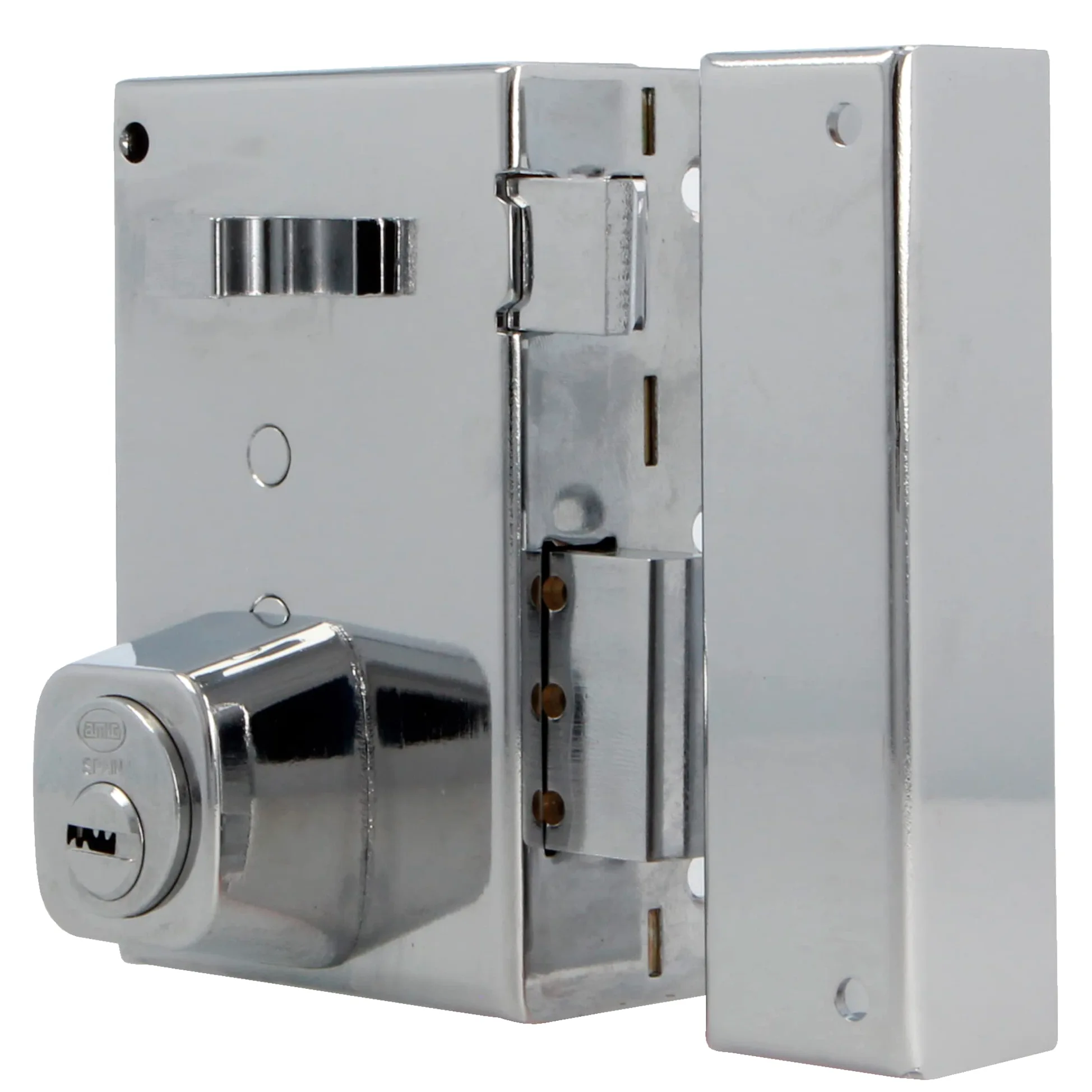 Amig - Serratura da sovrapposizione a destra con leva di chiusura, linguetta e maniglia per porte in legno mod. 75, 72 x 112 mm, cilindro rotondo di sicurezza, acciaio argentato