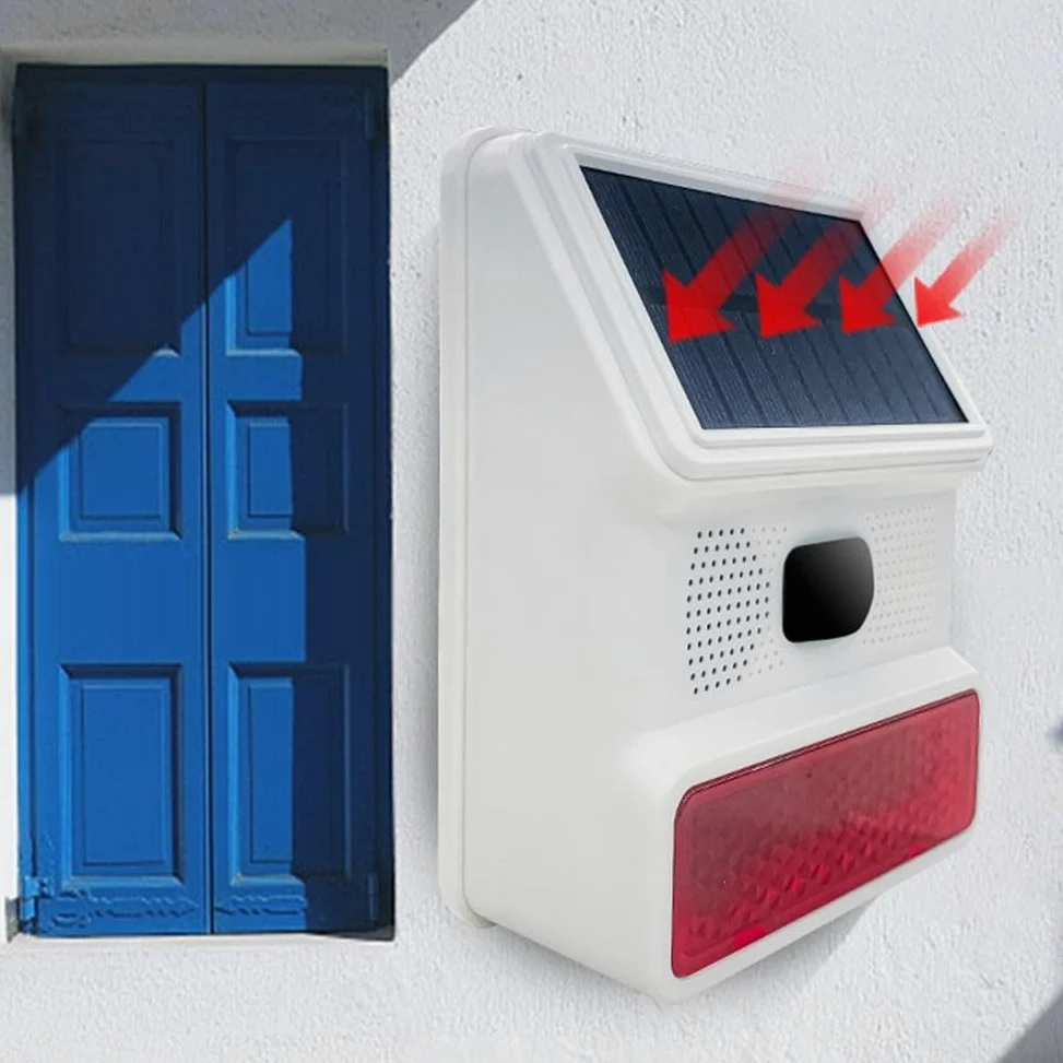 Sirena solare per esterni, 433 MHz, allarme senza fili, con luce lampeggiante, per la sicurezza domestica, giardino, capannone, garage, resistente alle intemperie, ABS bianco (C)