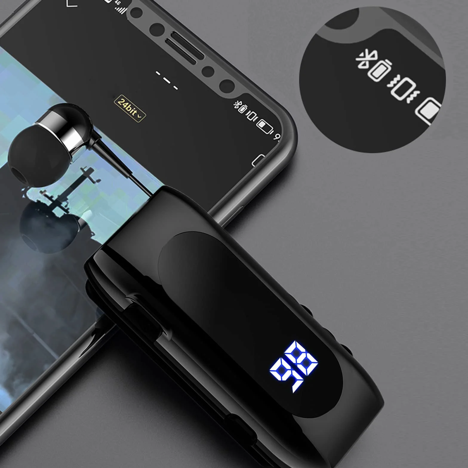 Auricolare Bluetooth Business con Filo Retrattile, Auricolar Senza Fili con Microfono, Bluetooth V5.2, Vivavoce, Compatibile per Universale Smartphone (Nero)