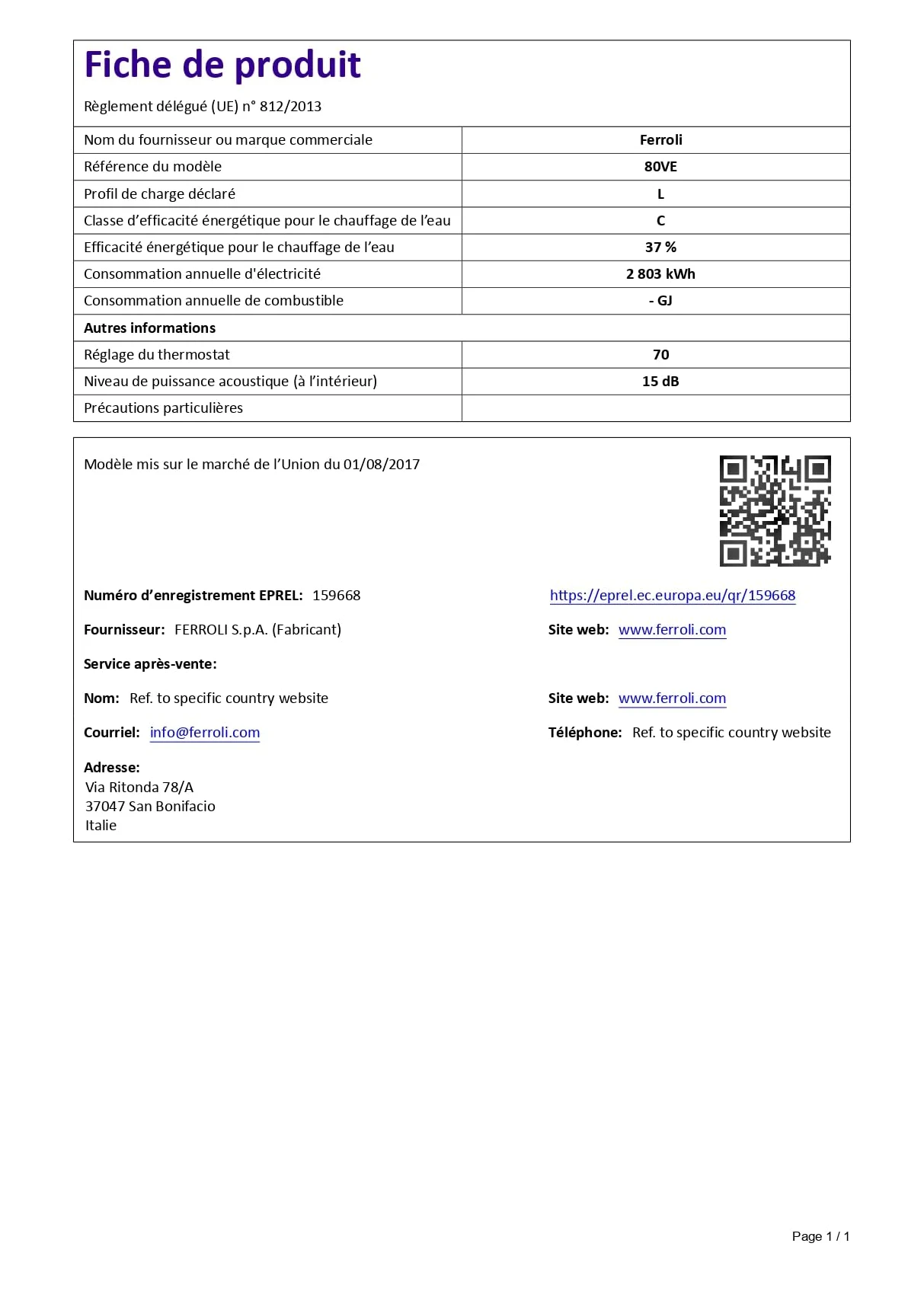 Ferroli Scaldacqua Elettrico Calypso 80VE 80 Litri Verticale, Boiler A Accumulo Con Serbatoio Smaltato, Anodo Di Magnesio E Isolamento In Poliuretano