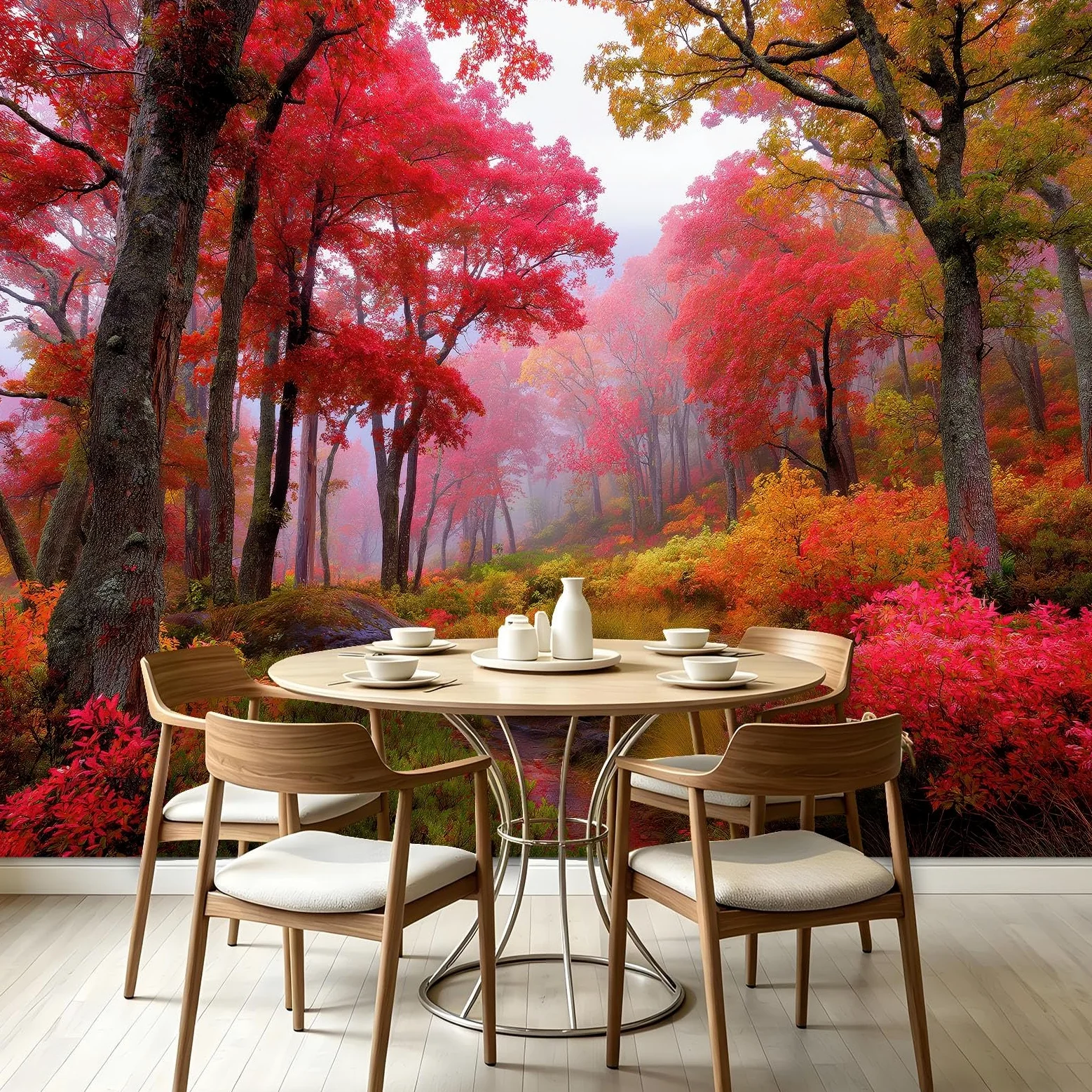 Carta da parati murale con paesaggio autunnale, motivo botanico scandinavo, 300 x 210 cm, con alberi e foglie rosse e nebbia, adesivo da parete per camera da letto, soggiorno, corridoio, divano