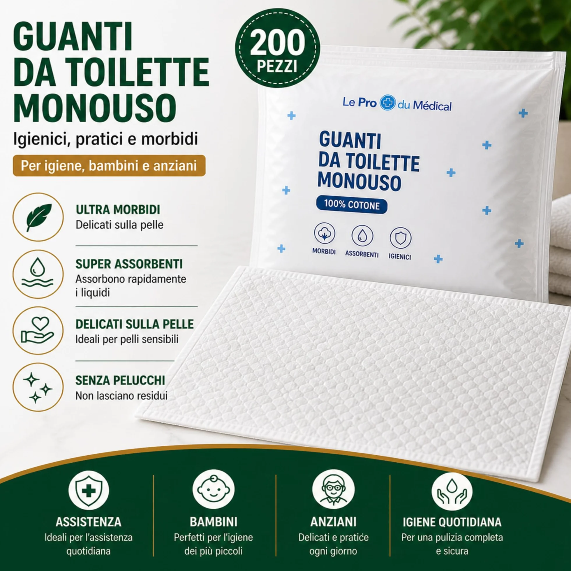 Le Pro del Medicale Guanti da Bagno Usa e Getta Ultra Morbidi Non Tessuti Imbottiti Bianchi