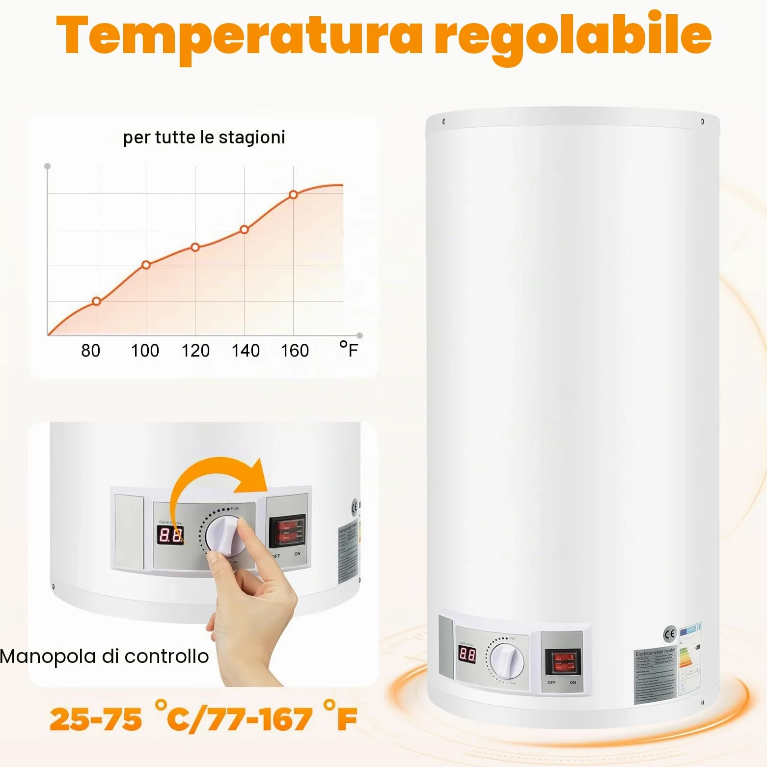 Scaldacqua elettrico, scaldabagno elettrico a risparmio energetico ad alta efficienza, scaldabagno intelligente, intervallo di temperatura 25-75 °C, adatto per cucine e bagni