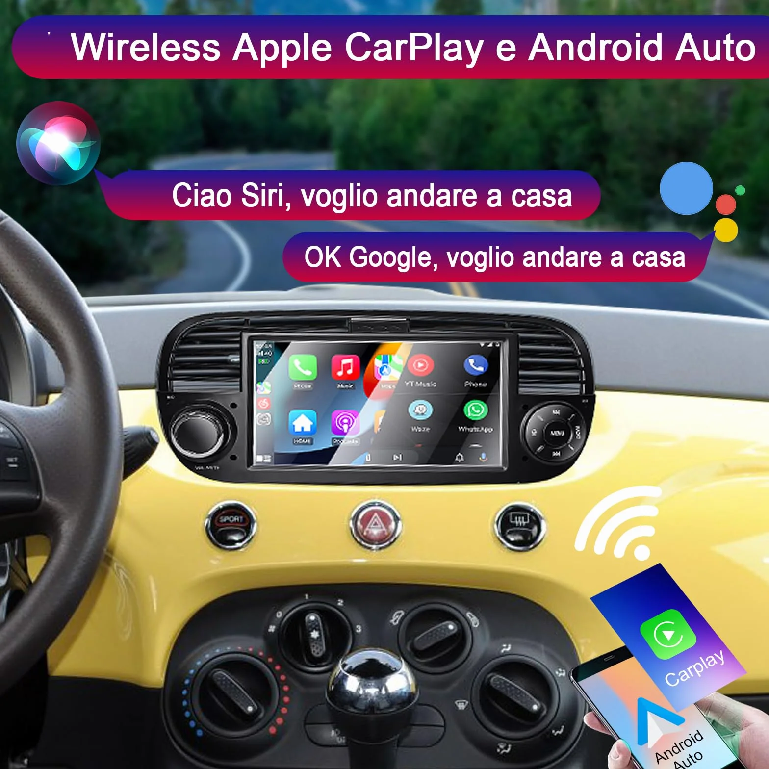 Autoradio per Fiat 500 2007-2015 compatibile con Carplay/Android Auto, Autoradio Fiat 500 da 7 pollici con touchscreen/Bluetooth/FM/AM/USB/DPS/RDS/Mirror Link-Nero