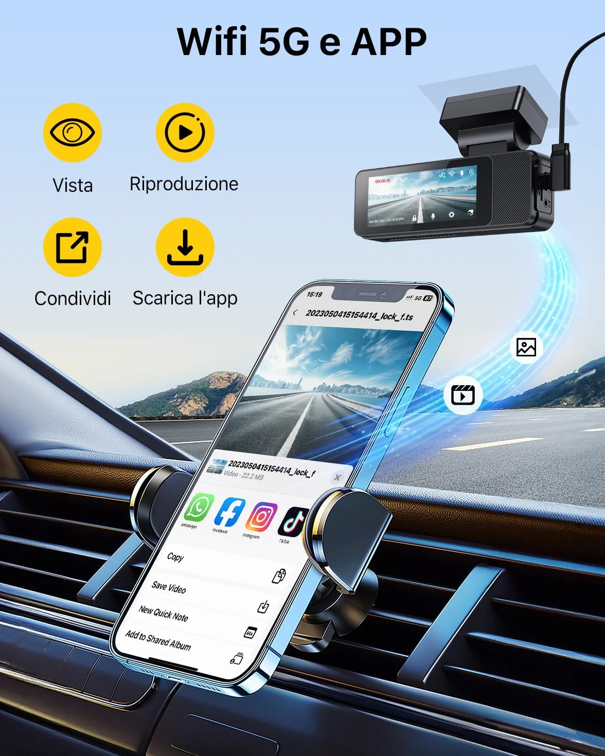 GKU dash cam auto 4K+1080P Fronte/Retro, dash cam con 5.8GHz WiFi e GPS, Touchscreen 3.18", Visione Notturna WDR, Monitor Parcheggio 24H, Sensore G, Loop Recording, Controllo App.