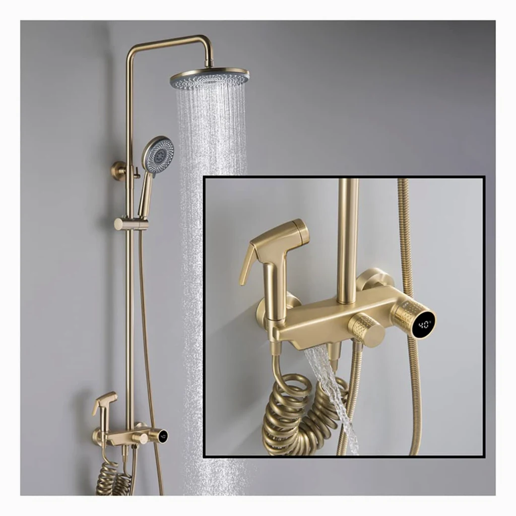 Set Doccia con Rubinetto e Display Digitale a LED, Montaggio a Parete, soffione da 10 Pollici, doccetta, soffione Bidet, Spazzolato