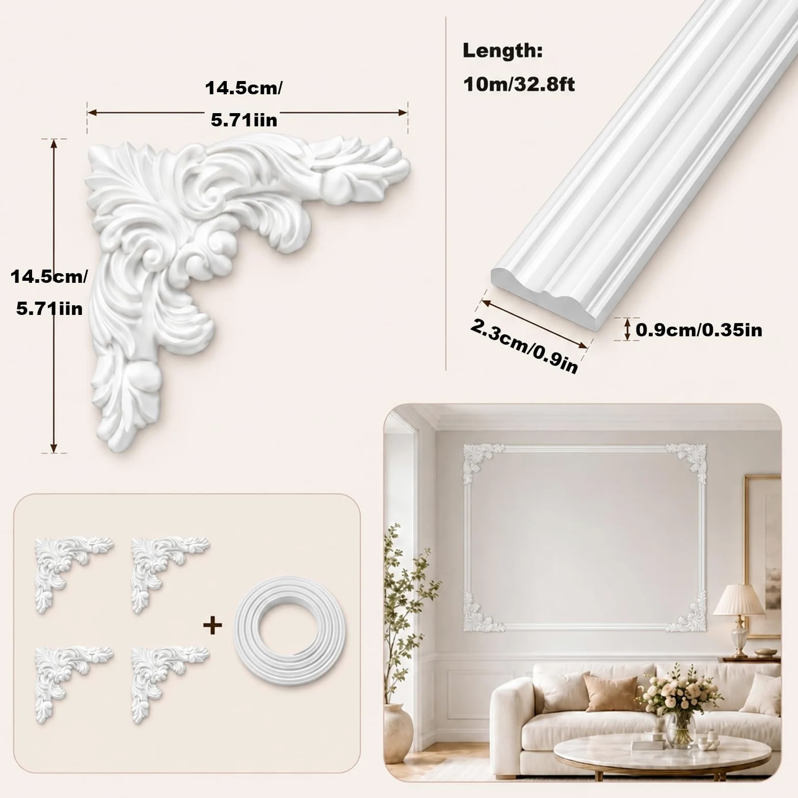 Modanature per Pareti Flessibile con 4 Angoli E 5/10/15m di Profilo in PVC 14.5cm*14.5cm,10m