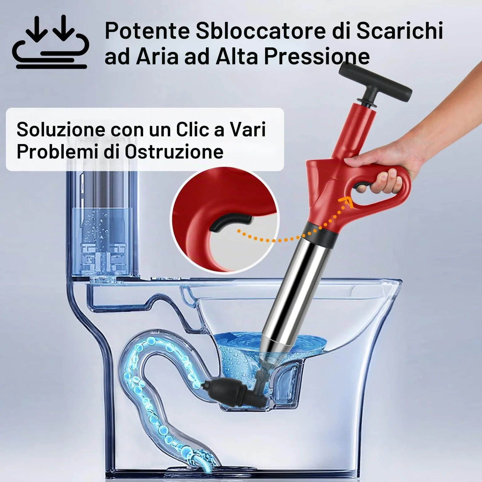 Pompa Stura Scarichi a Pressione, Sturatubi Aria Compressa con Barometro, Sturalavandini a Pressione con Quattro Diverse Ventose per Bagni Servizi Igienici Lavabi