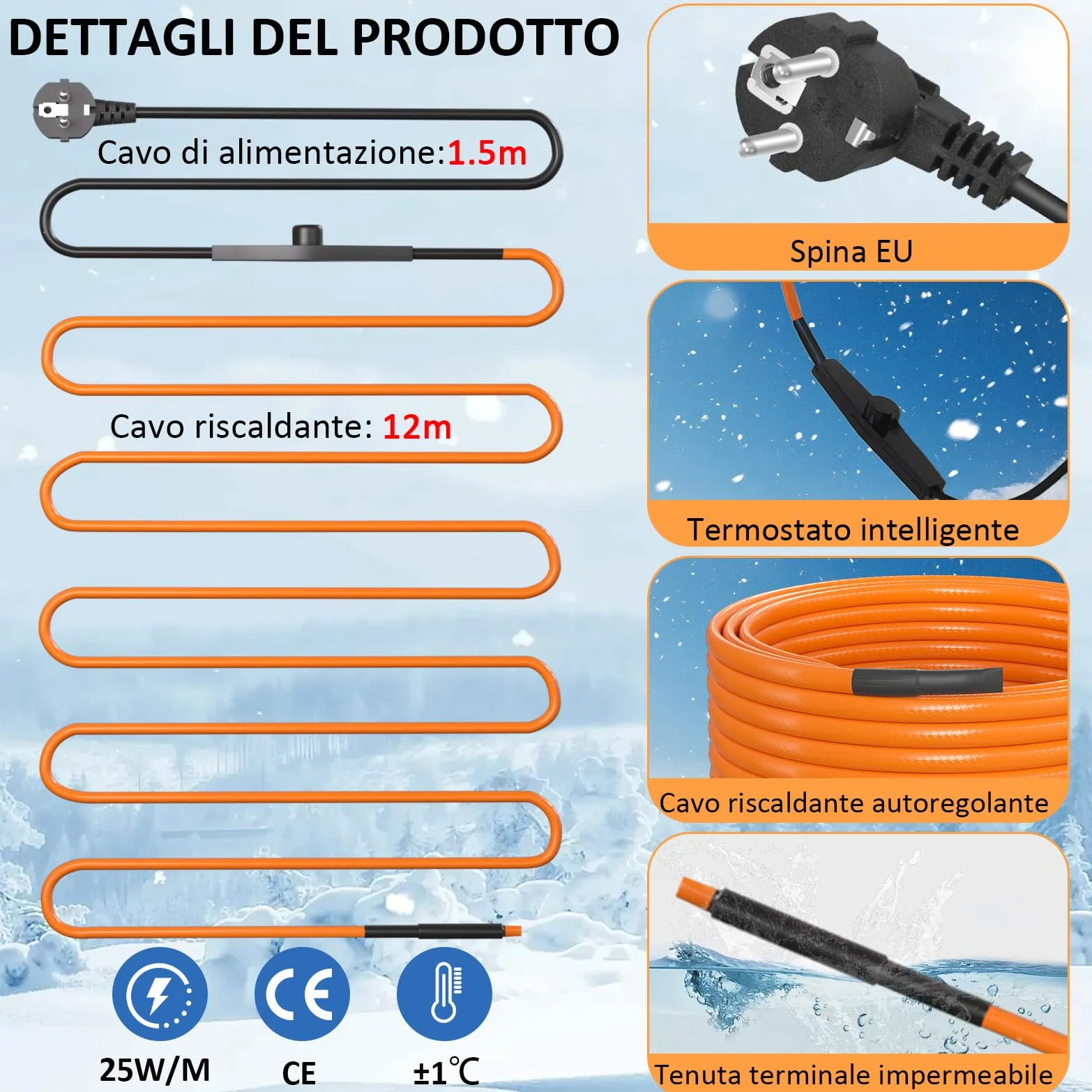 Cavo Riscaldante con Termostato 12m Cavo Riscaldante 25 W/m Autorregolante Serpentina Riscaldante con Termostato IPX7 Impermeabile Cavo Scaldante per Tubazioni Piante Grondaie Protezione Antigel