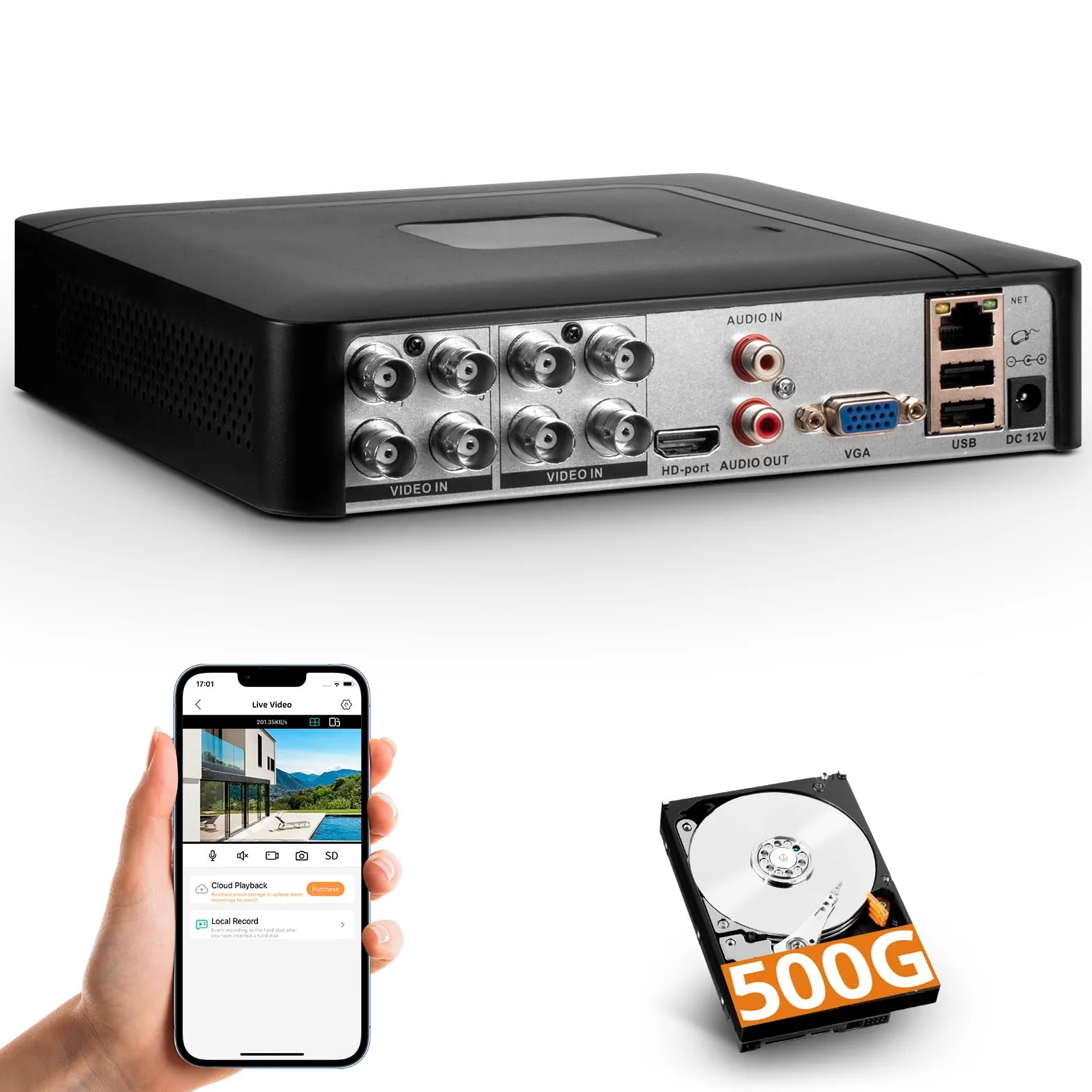 DVR per sorveglianza 8 canali H.265+ con HDD da 500G, DVR CCTV ibrido 6-in-1 per telecamere CVBS/AHD/TVI/XVI/CVI/IP, DVR per telecamere di sicurezza per sistema di sorveglianza domestica, APP mobile e