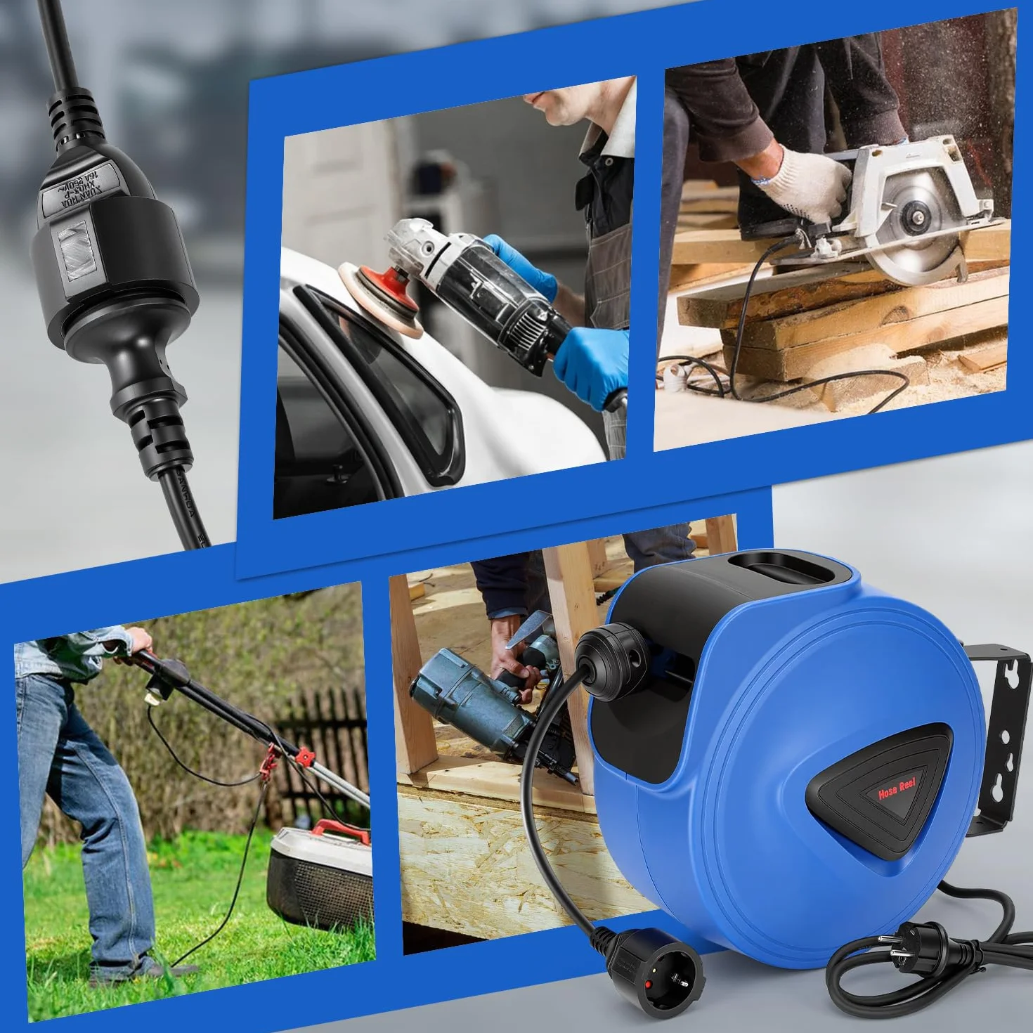 Fiqops Avvolgicavo automatico, 20 m + 1,5 m, montaggio a parete, girevole a 180°, avvolgicavo automatico per officina e stoccaggio, con funzione stop, avvolgicavo (spina singola)
