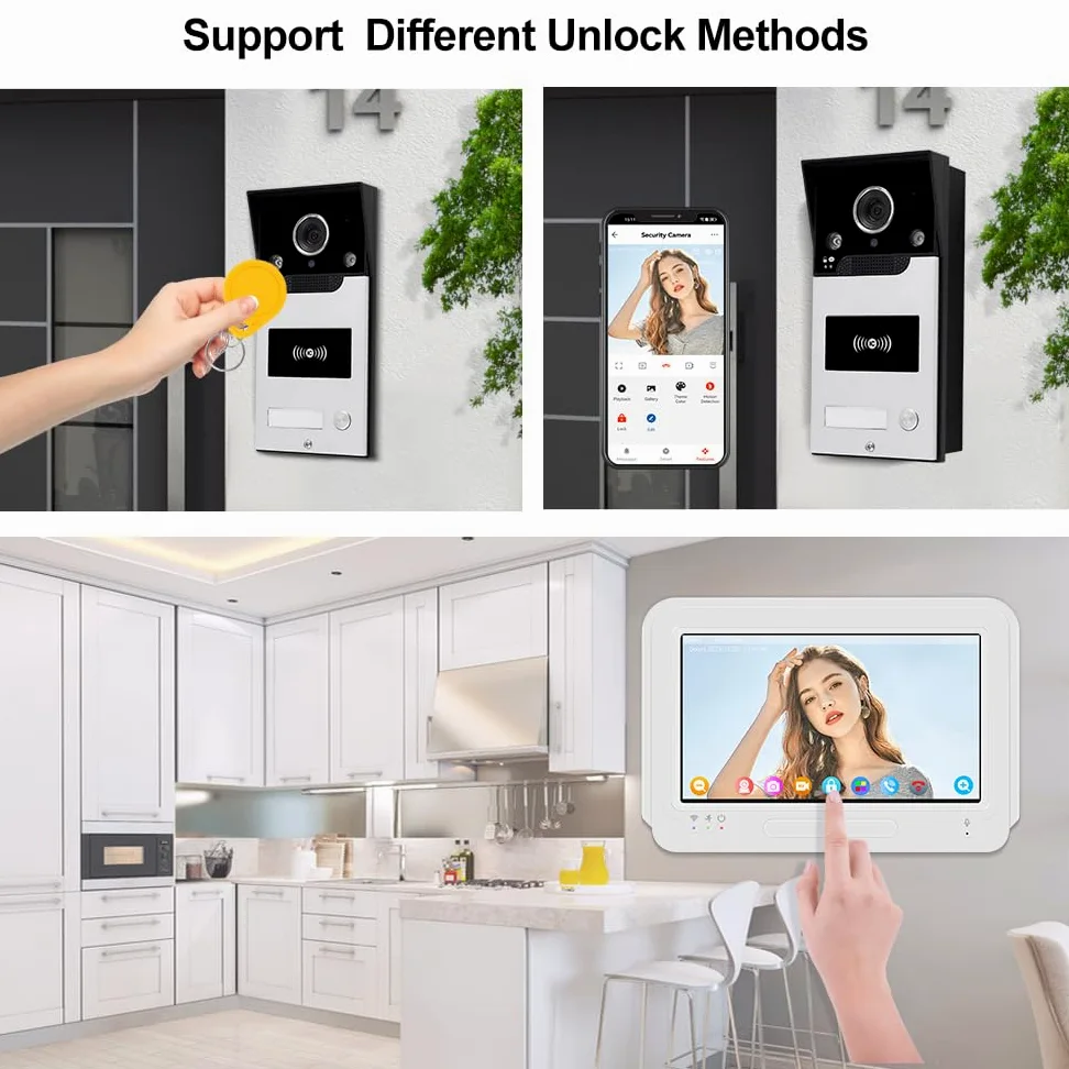 Tuya 1080P 7pollici Colore Schermo Videocitofono WLAN senza fili WiFi Video Campanell Sensore PIR Smart APP Kit per Citofono Domestico di RFID Controllo Accesso