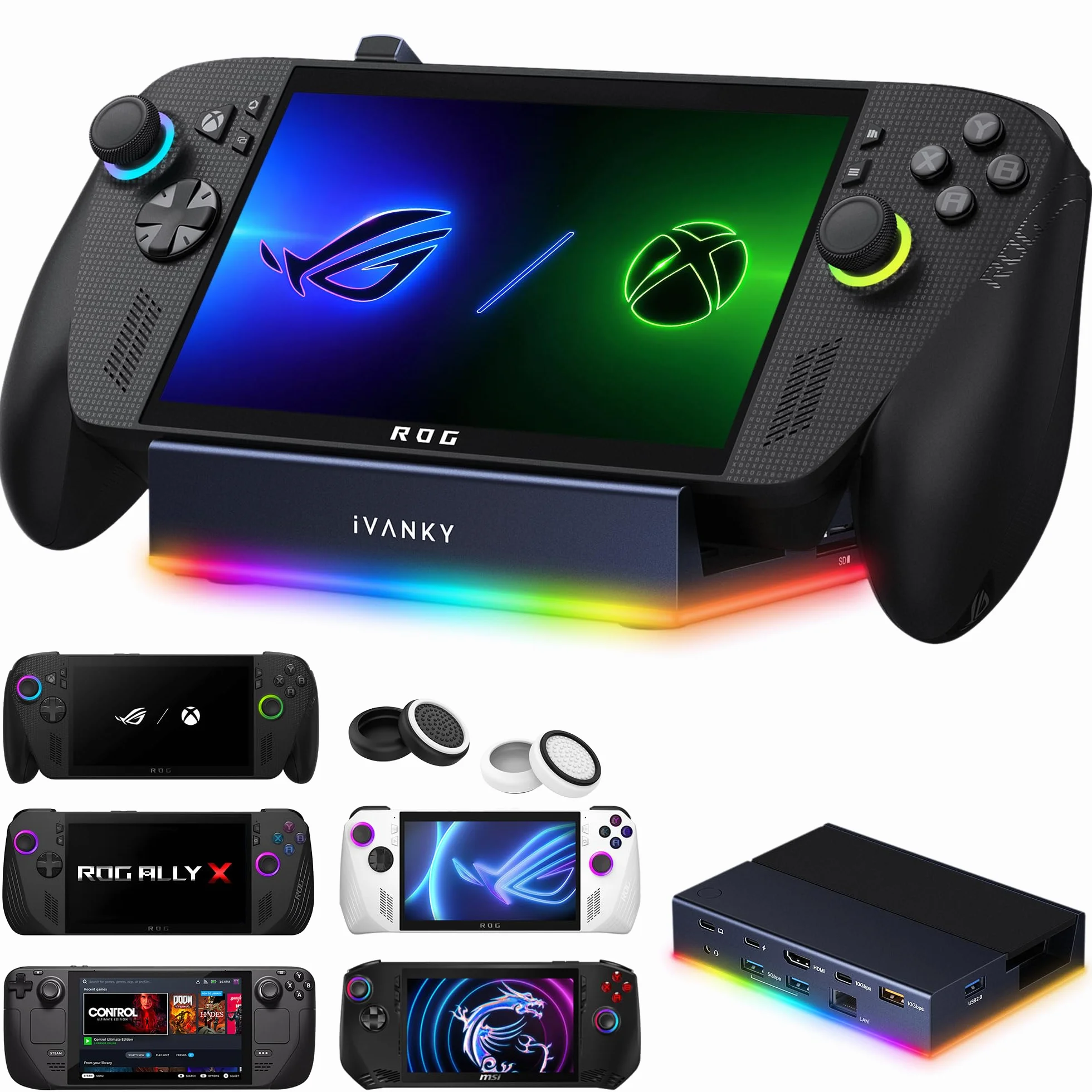 iVANKY 14-in-1 RGB Pieghevole 4K@120Hz ROG Ally X Dock con HDMI 2.1, USB 3.2 10Gbps, Carica USB-C da 100W, Ethernet da 1Gbps, slot SD/TF, Docking Station per Lenovo Legion go/Valve Steam Deck OLED