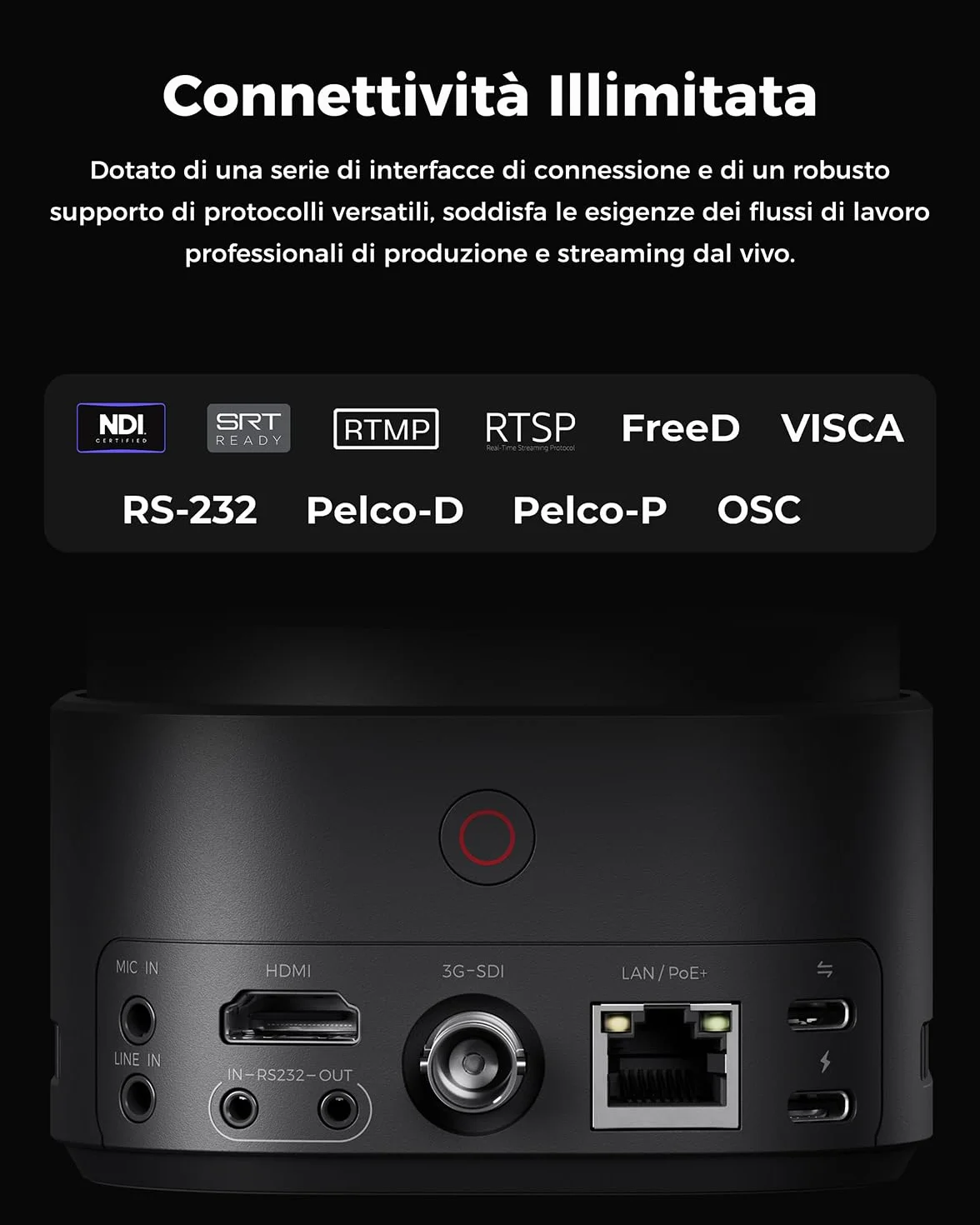 OBSBOT Tail 2 con NDI, PTZR Camera 4K@60FPS, Pro AI Tracking, 1/1.5" CMOS, 50MP, Zoom Ottico 5X, Zoom Ibrido 12X, Uscita SDI/HDMI/IP/USB 3.0, Live Streaming per Istruzione, Conferenze, Culto, Live