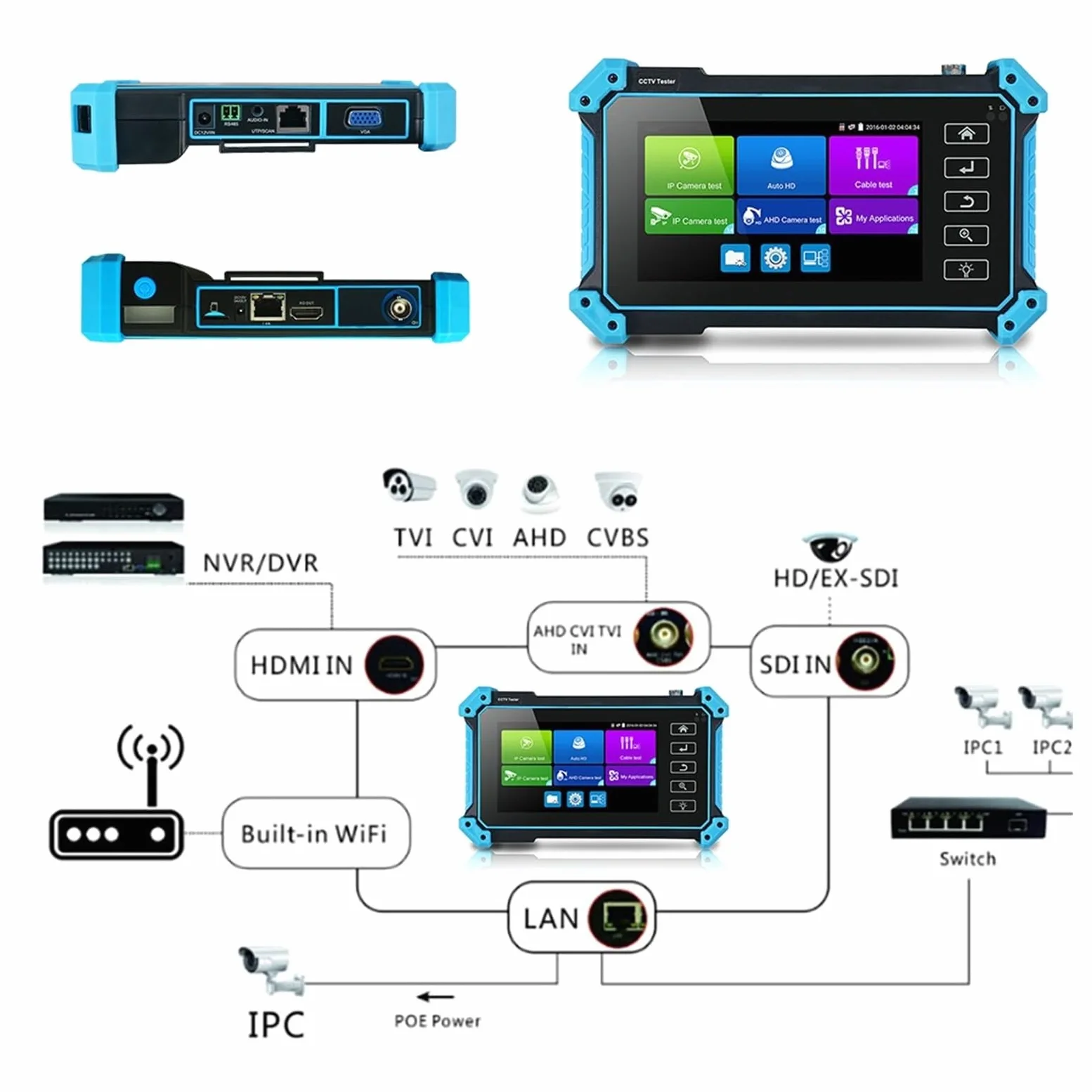 Tester CCTV Telecamera IP CCTV Tester AHD CVI TVI SDI 5 Pollici Touch 4K VGA Ingresso Sicurezza Poe IPC Tester Cftv Mini Monitor Portatile Tester Test del segnale audio/video(IPC-5200C Plus)
