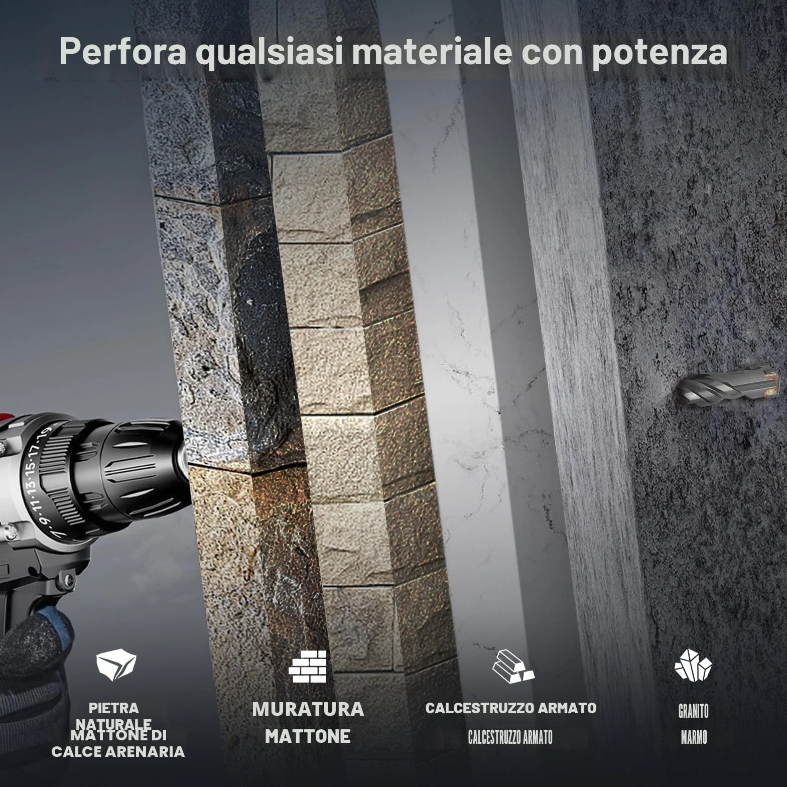 Punta per trapano SDS Plus 10 x 310 mm, 4 punte in metallo duro, doppia vite