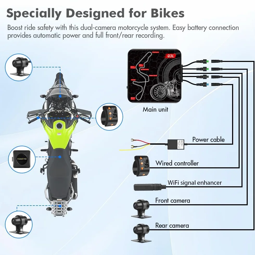 VSYSTO WiFi Dash Camera per moto, controller con display OLED, download video ad alta velocità, telecamera anteriore e posteriore 1080P, avviso in caso di vibrazioni anomale, sensore G (Q3L)