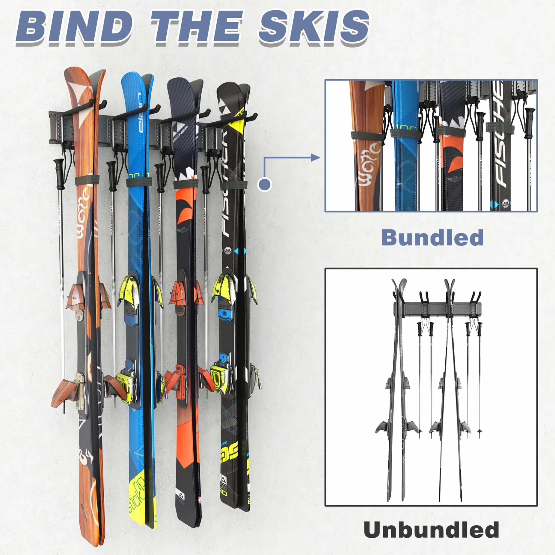 WALMANN Portasci da parete per garage, fino a 10 paia, supporti per sci e snowboard, 136 kg