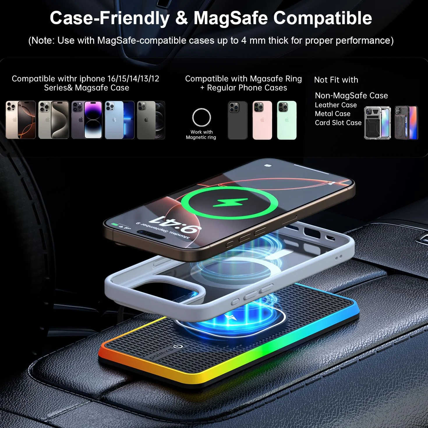 Tappetino di Ricarica Wireless Auto RGB per MagSafe, Polmxs Caricatore Wireless Auto Magnetico da 15W con LED, Cavo da 30cm + Prolunga da 70cm Compatibile con iPhone 16–12 Pro, AirPods (K1MAG)