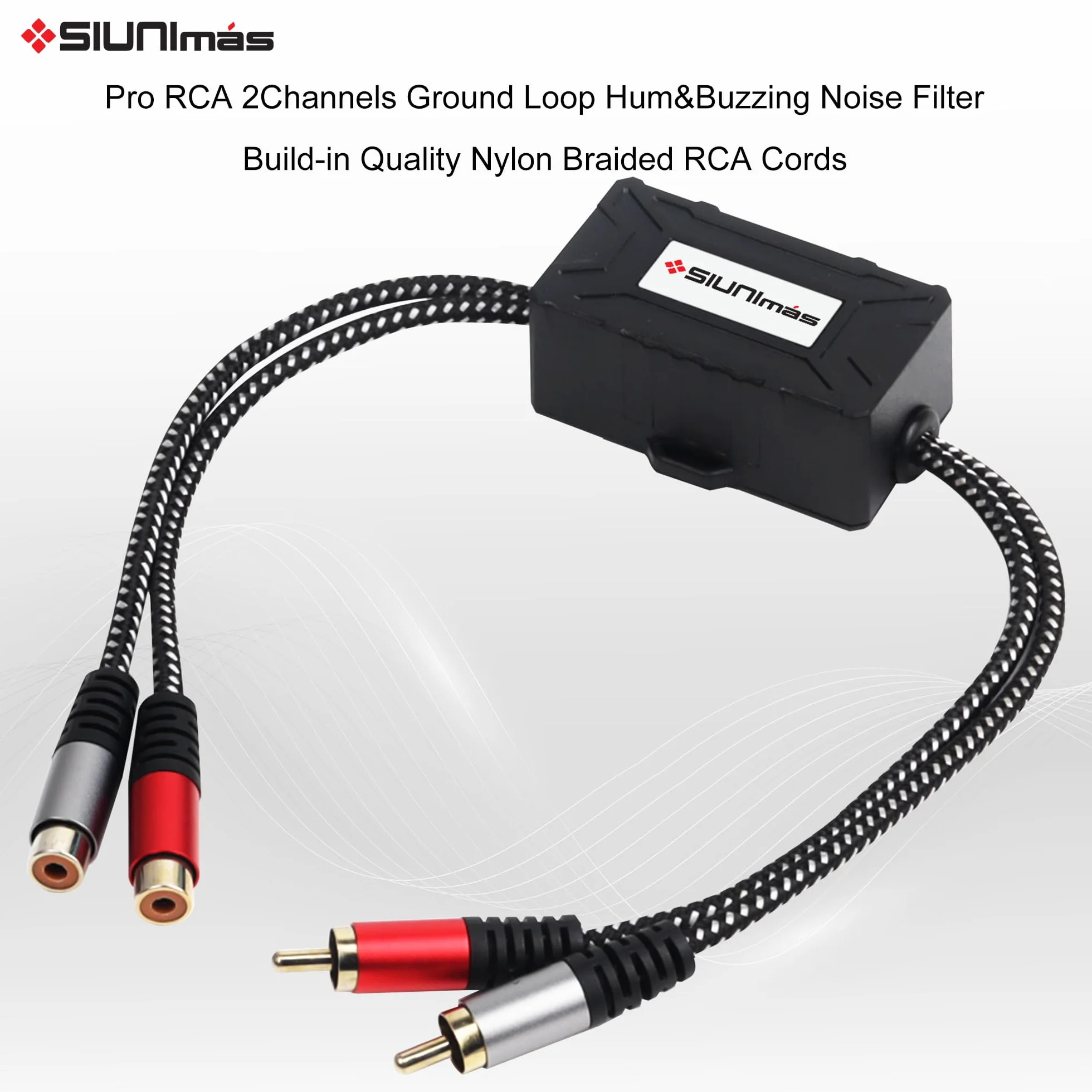 Isolatore RCA Pro a 2 canali con cavo intrecciato in nylon intrecciato per auto e home theater, con filtro antirumore con scatola in ABS resistente (SIM-2CH-RCA01A)