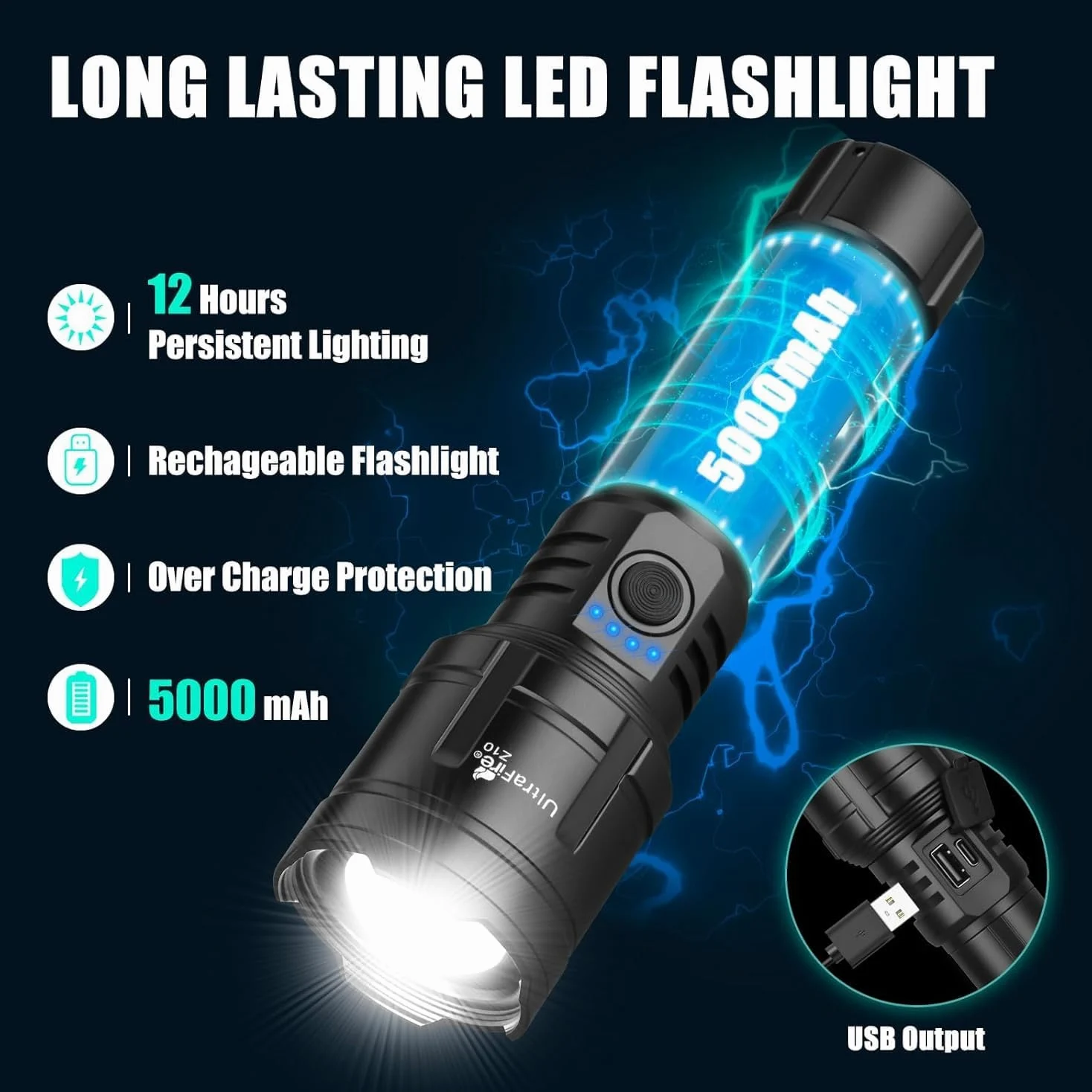 ULTRAFIRE Torcia LED ricaricabile da 1500 lumen con lente Lgnition, torcia tattica zoomabile con fondina per cintura, 3 modalità per campeggio all'aperto escursionismo Z10