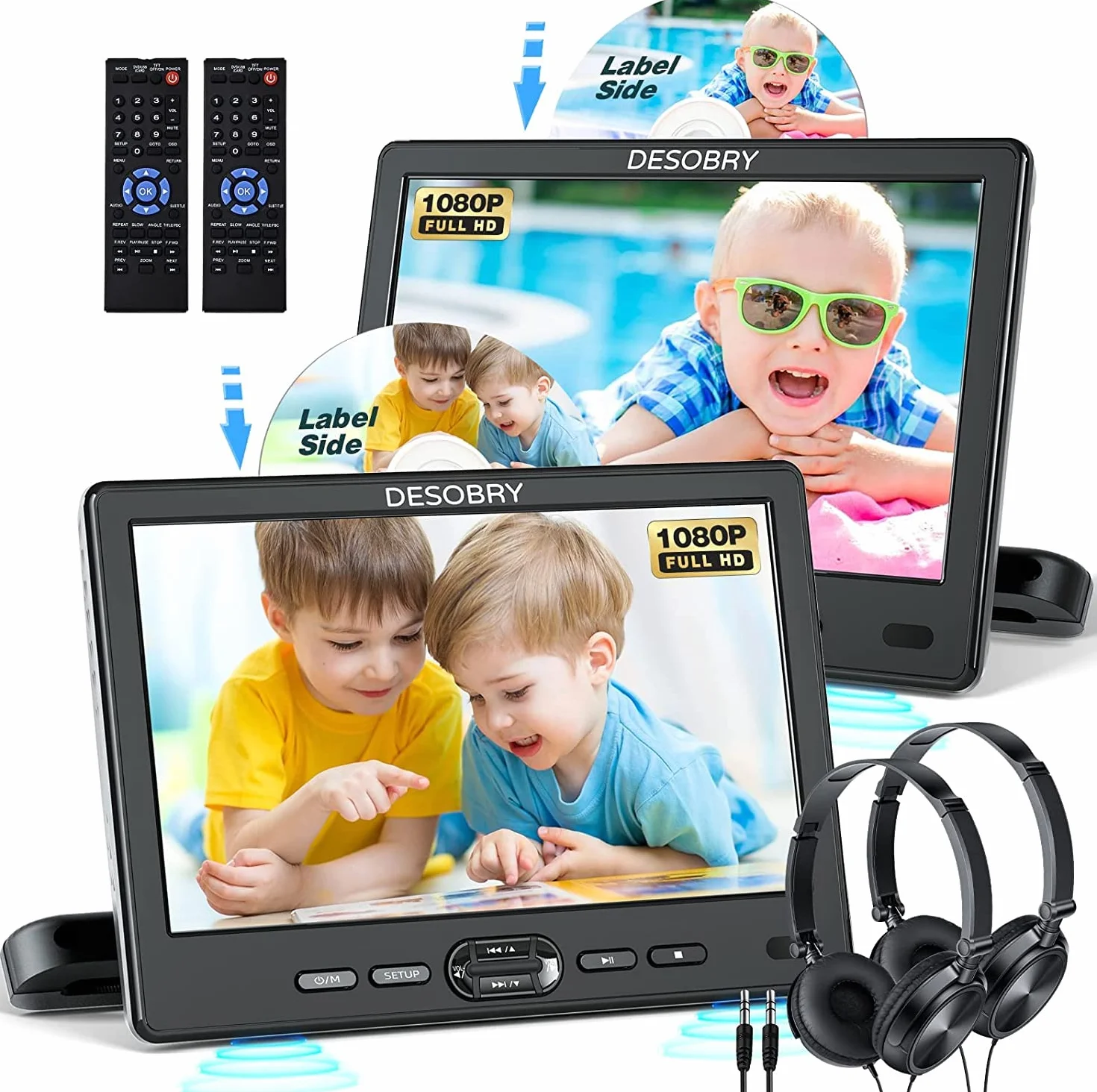 DESOBRY Lettore DVD da Poggiatesta per Auto 10,5 pollici 2 monitor poggiatesta 2 cuffie HDMI ingresso AV cavo, bambini TV supporta 1080P, supporto dello schermo auto USB/SD, ultima memoria