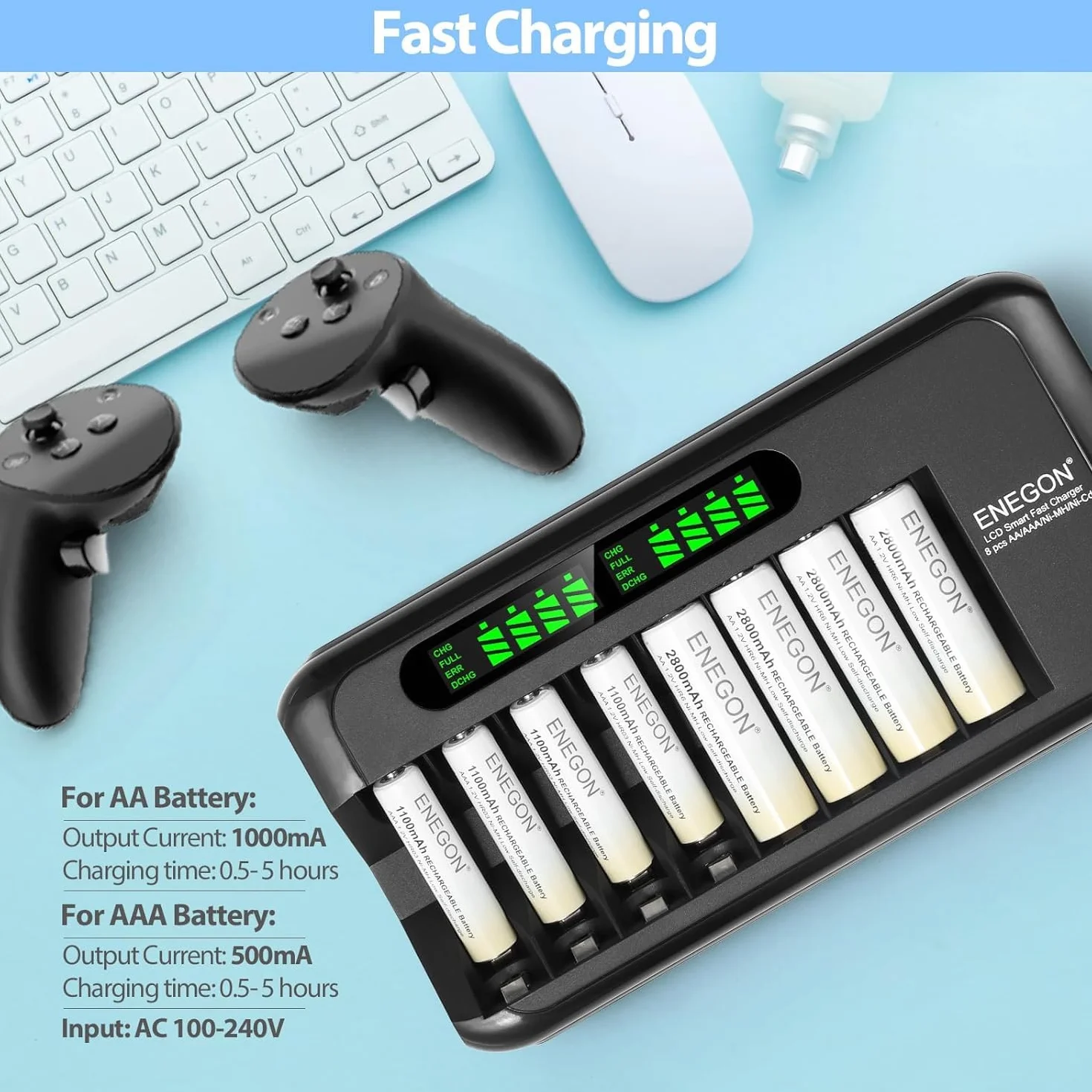 ENEGON Caricabatterie Rapido Intelligente per Batterie Ricaricabili AA AAA Ni-MH Ni-CD con Display LCD, 8 Slot Indipendenti, Protezione e Alimentatore 100-240V