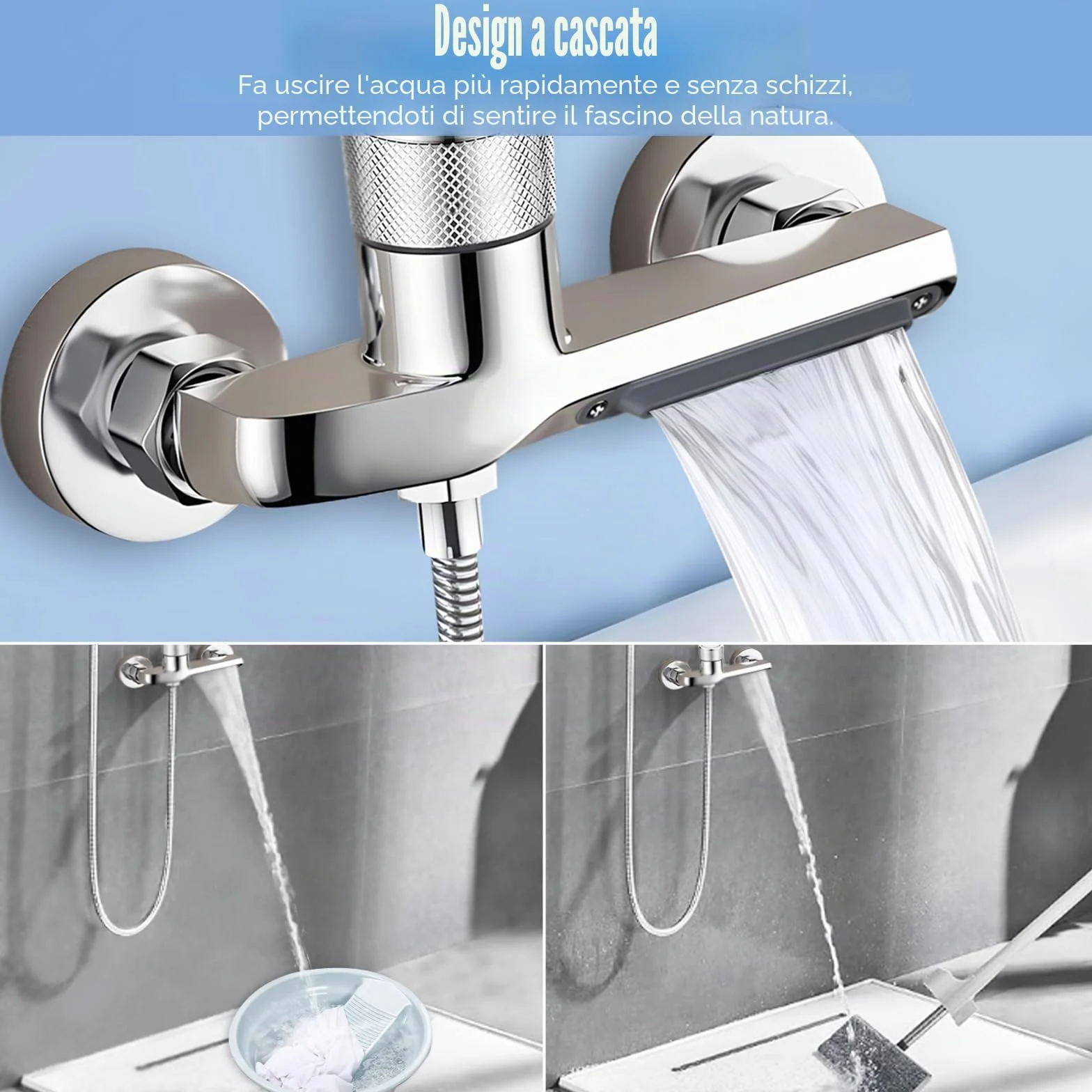 Rubinetto Vasca Doccia Termostatico a Parete, Bocca a Cascata, Corpo in Ottone Cromato, G1/2