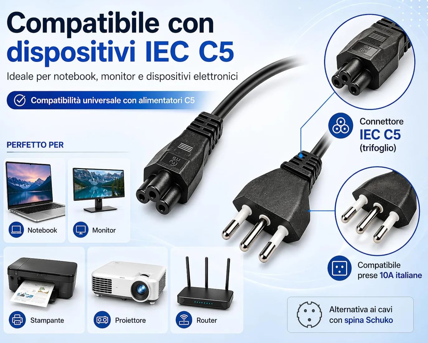 Cavo Alimentazione Notebook 1,8m IEC C5 Trifoglio – Spina Italiana 3 Poli 10A 250V IMQ | Cavo Alimentatore PC Portatile, Monitor, Stampante