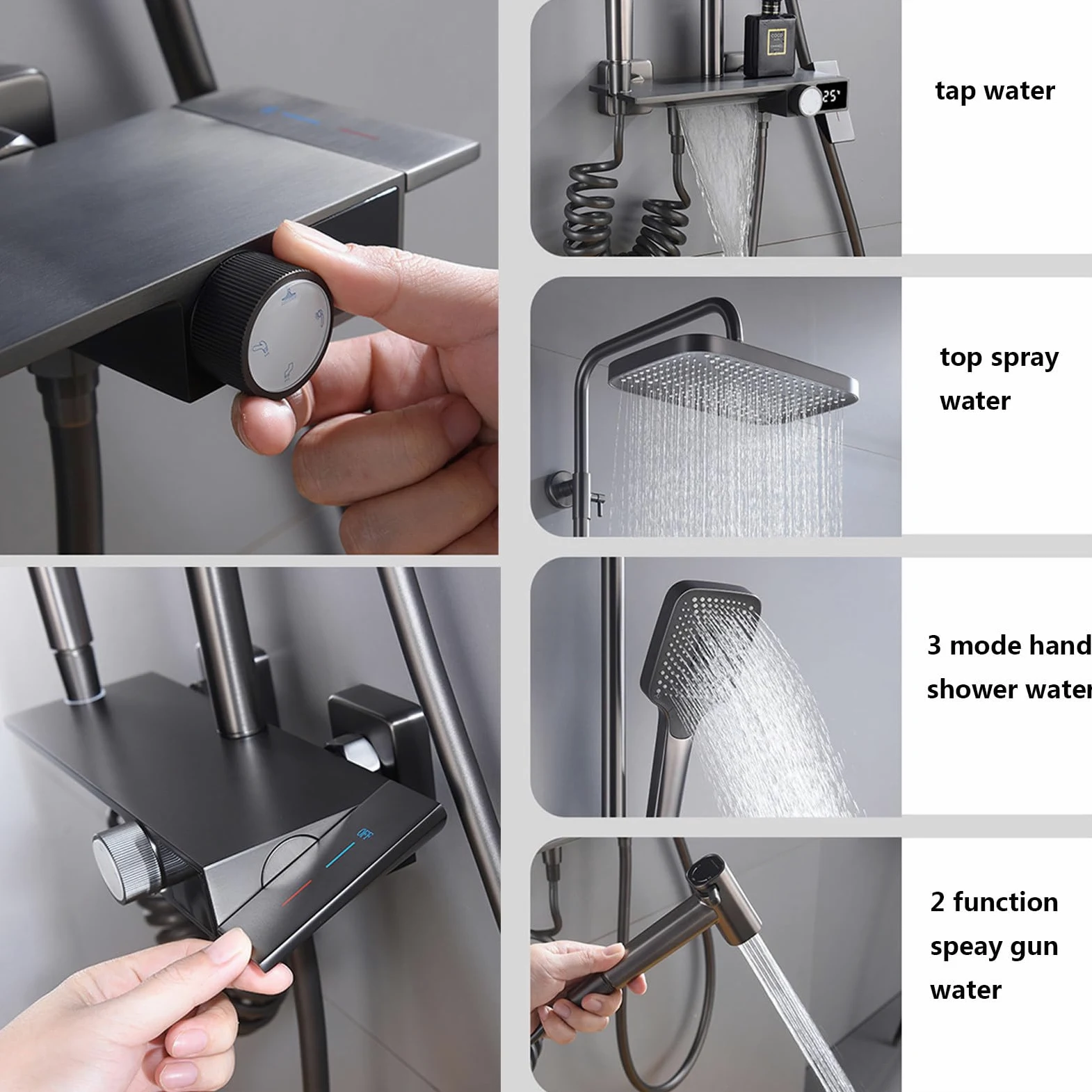 Sistema Doccia con Display Digitale a LED, Set di rubinetti a 4 funzioni, Montaggio a Parete, Combinazione Pioggia per Bagno, Vasca in Ottone con doccetta e Bidet (Bianco)