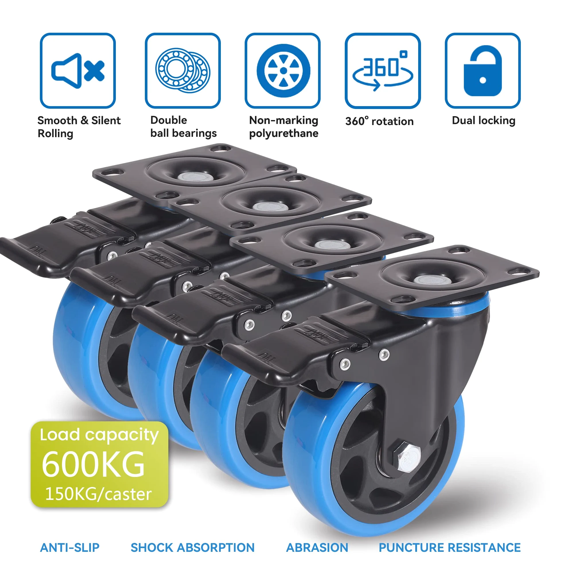 100MM Mobili Ruote per carichi Pesanti Ruote per carrelli con Freni, Bino Cuscinetto PU Ruote per Carrello Gomma Ruote girevoli, 4 Industriale Ruote con Piastra capacità 600KG