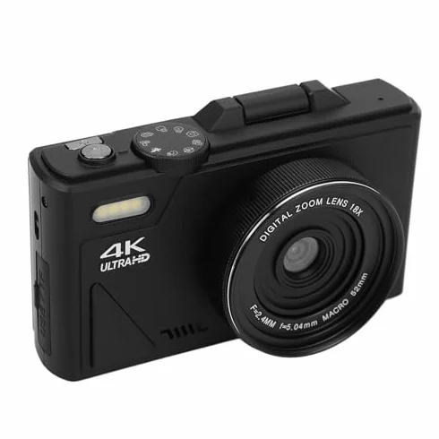 Fotocamera Digitale, Fotocamere 4K per Fotografia, Videocamera retrò da 64MP UHD 4K Zoom 18X Autofocus con Bilanciamento del Bianco, Scatto Continuo, Stabilizzazione e (BLACK)