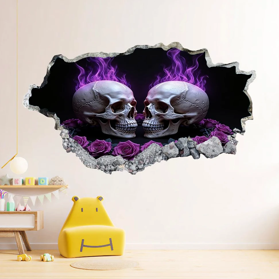 Decalcomanie da muro Art 3D Fracassato Cranio Adesivi murali removibili Fumo Viola Carta da parati Camera da letto autoadesivo per ragazze Camera da letto Nursery Home Decor Gift
