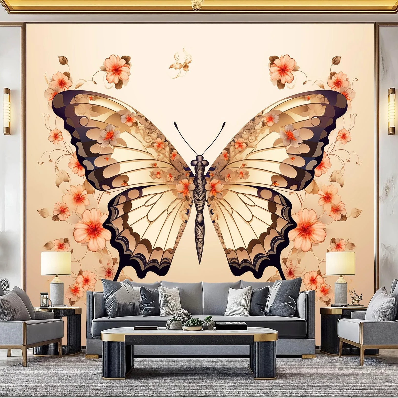 Carta da parati vintage con animali, farfalle e fiori, simmetria, 400 x 280 cm (larghezza x altezza), stampa artistica di alta qualità, poster decorativo per soggiorno e camera da letto