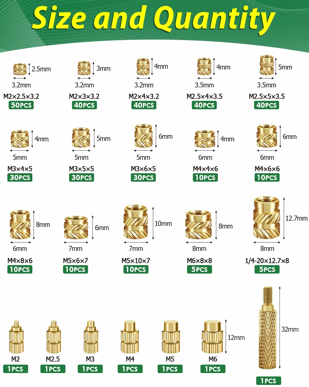 360 inserti filettati M2 M2.5 M3 M4 M5 M6, Bolatus dadi monofusione in ottone con saldatore, filettatura zigrinata per parti in plastica, inserti filettati per stampanti 3D