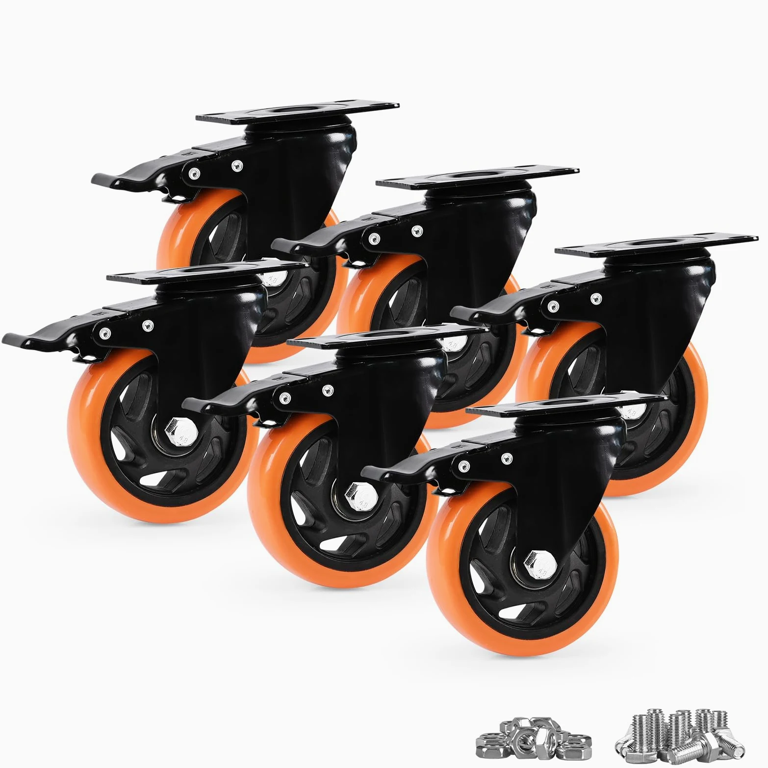 Ruote per carrelli, per carichi Pesanti 100mm Ruote Set di 6, di bloccaggio Ruote girevoli Ruote per Carrello, Mobili e Banco da Lavoro, Arancione