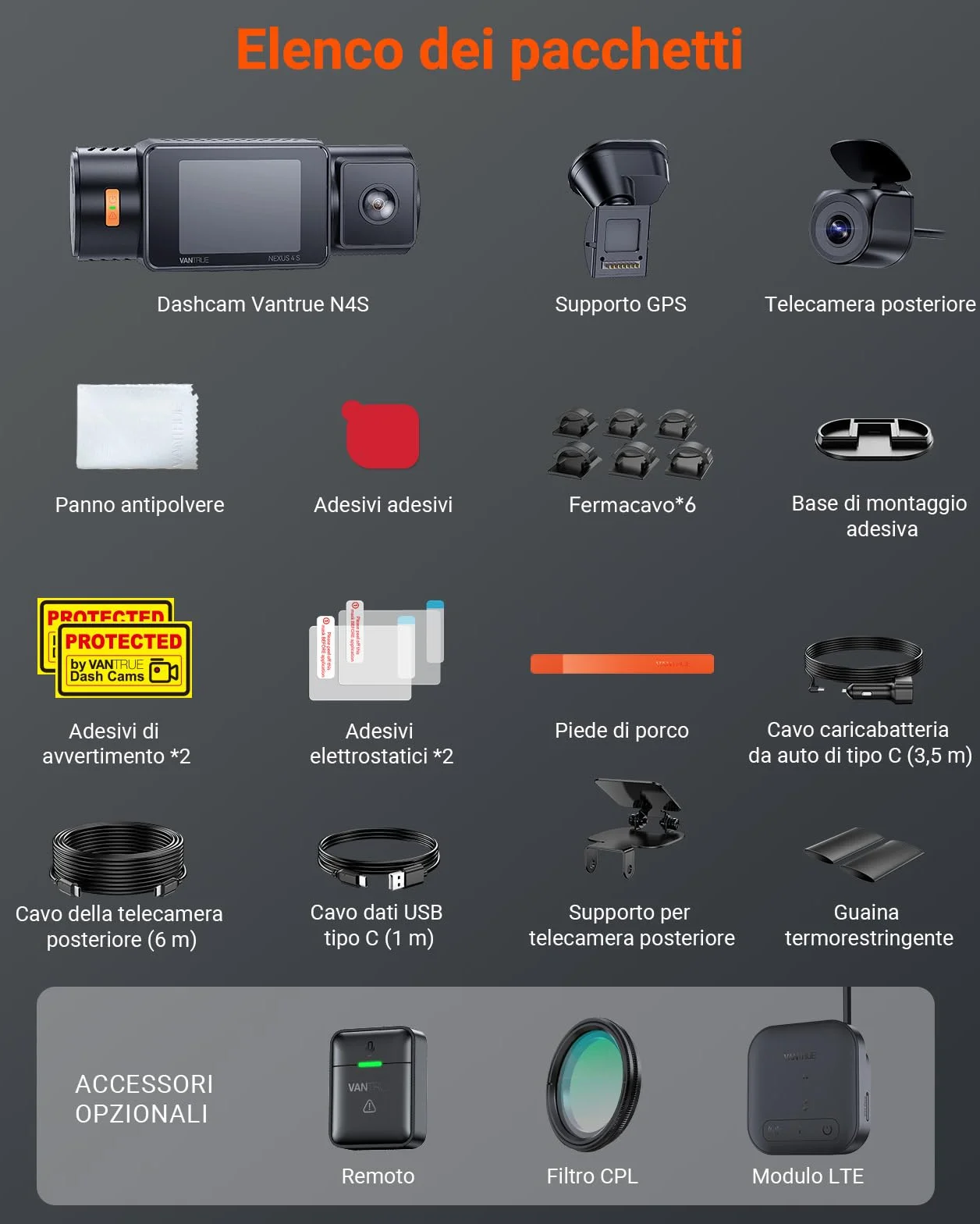VANTRUE N4S Tripla Dashcam Auto 2.7K+2.5K+2.5K Anteriore Interno Posteriore, 5GHz WiFi GPS Camera Infrarosso, 3 Canuax HDR 360 Gradi, Controllo Vocale Francese, 10s Pre-Registrazione, Max 1 TB